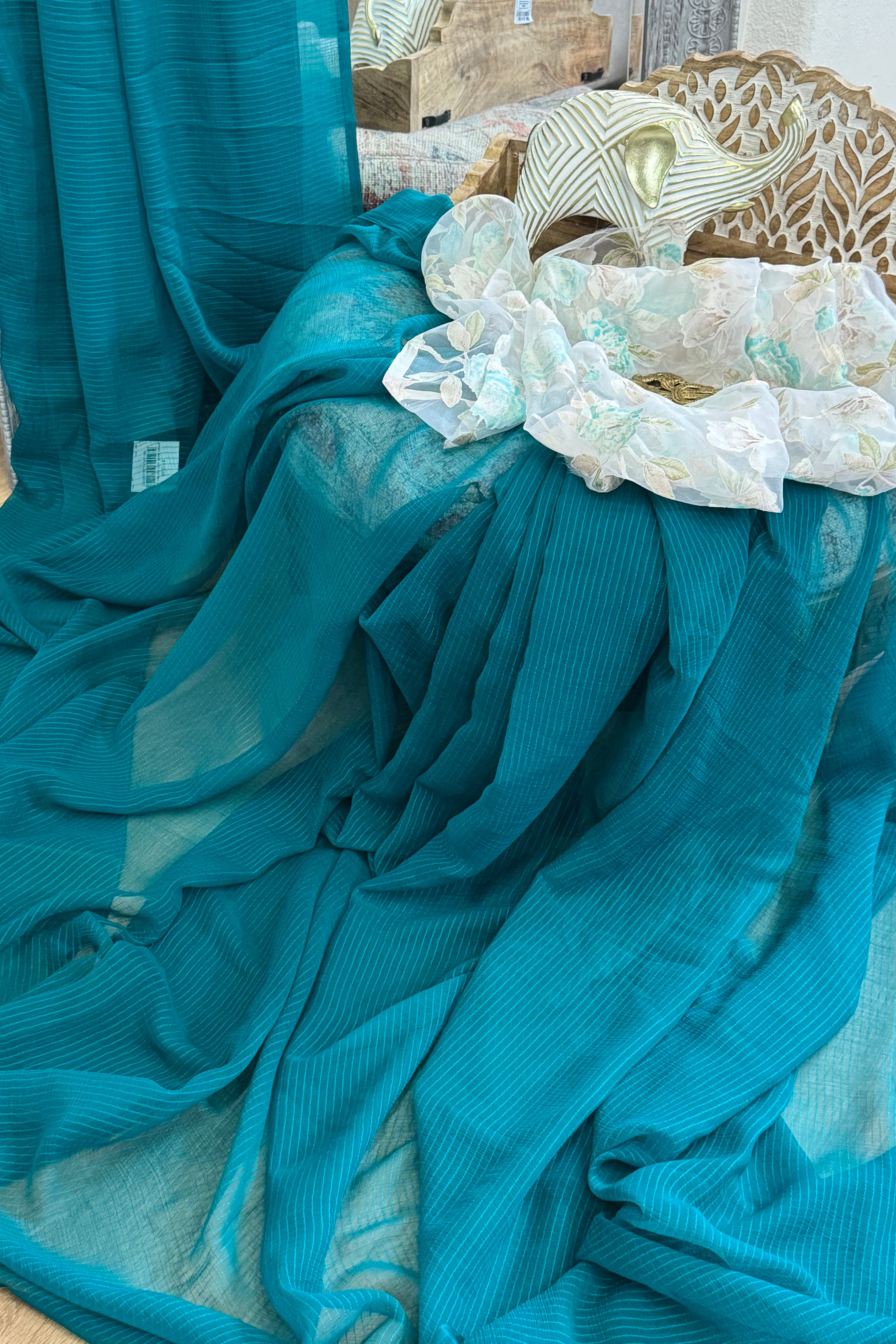 Green plain saree with printed blouse