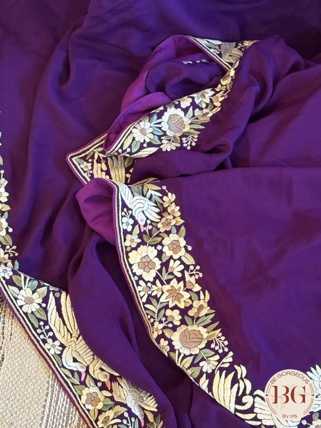 Hand Parsi Gara Embroidery on pure crepe silk - Purple