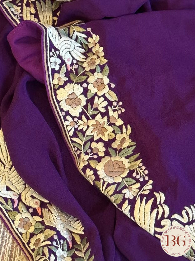 Hand Parsi Gara Embroidery on pure crepe silk - Purple