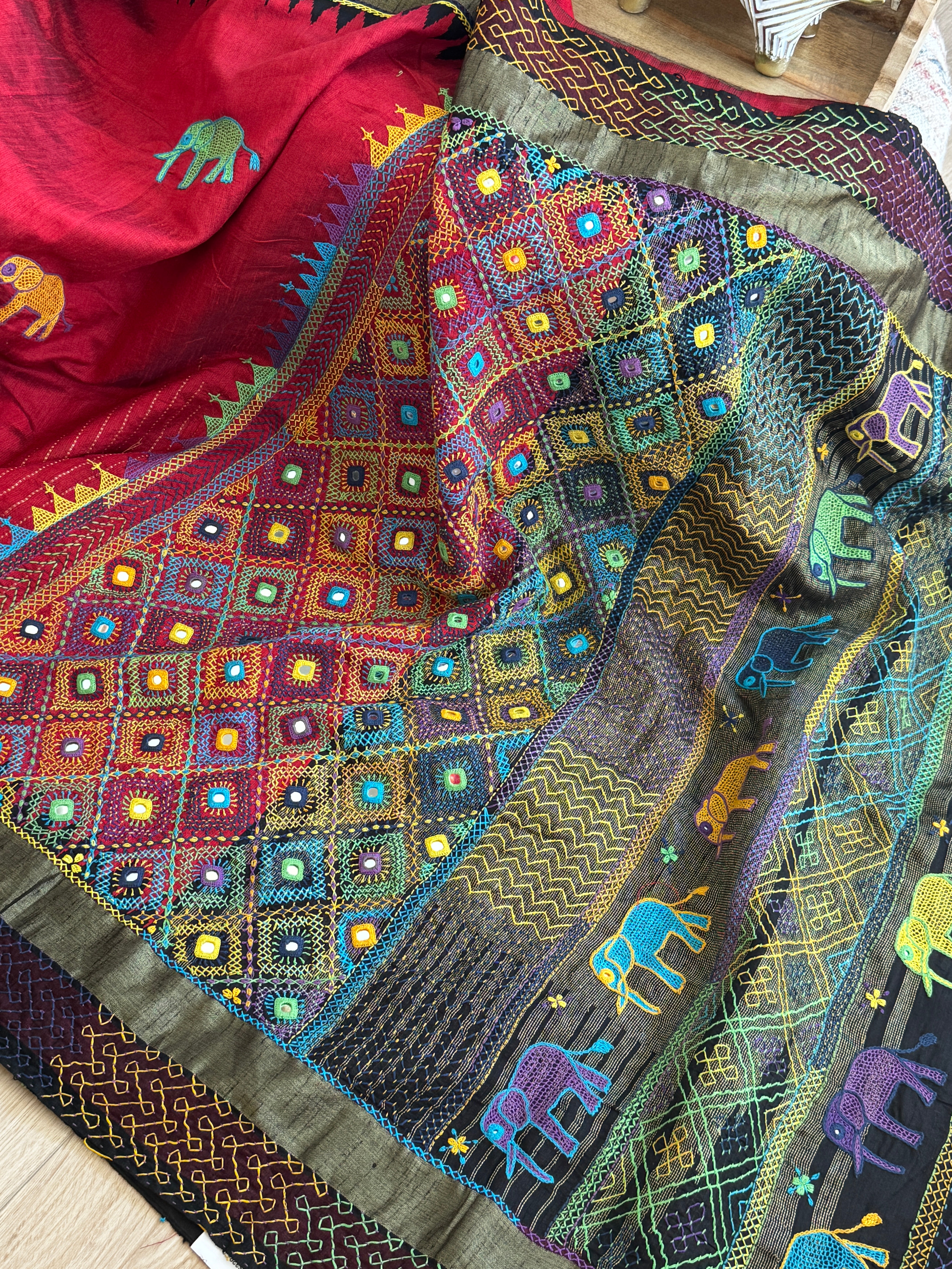 Lambani Embroidery on silk saree - red