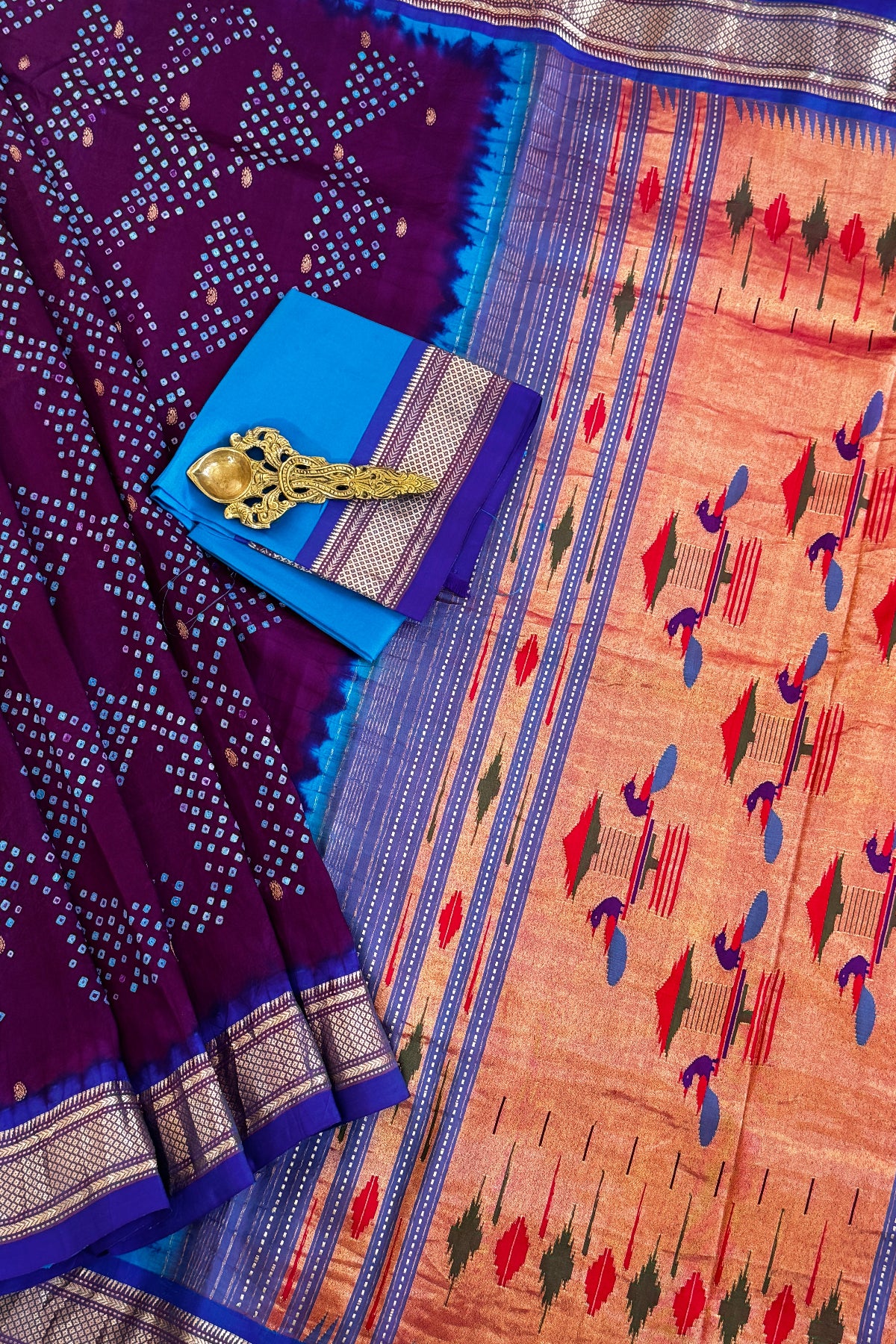 Paithani Pure silk handloom saree with bandhani - bluish purple