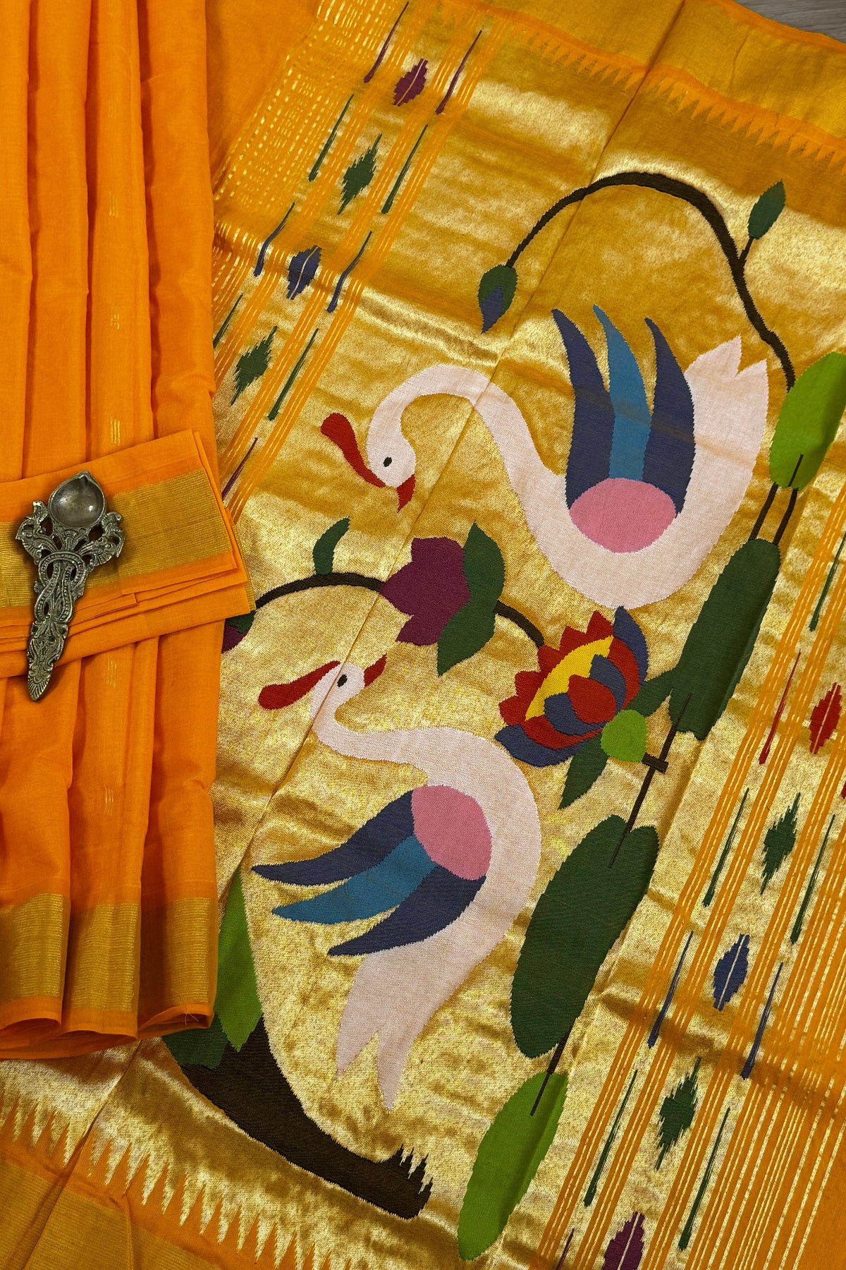 Paithani cotton handloom saree - yellowish orange