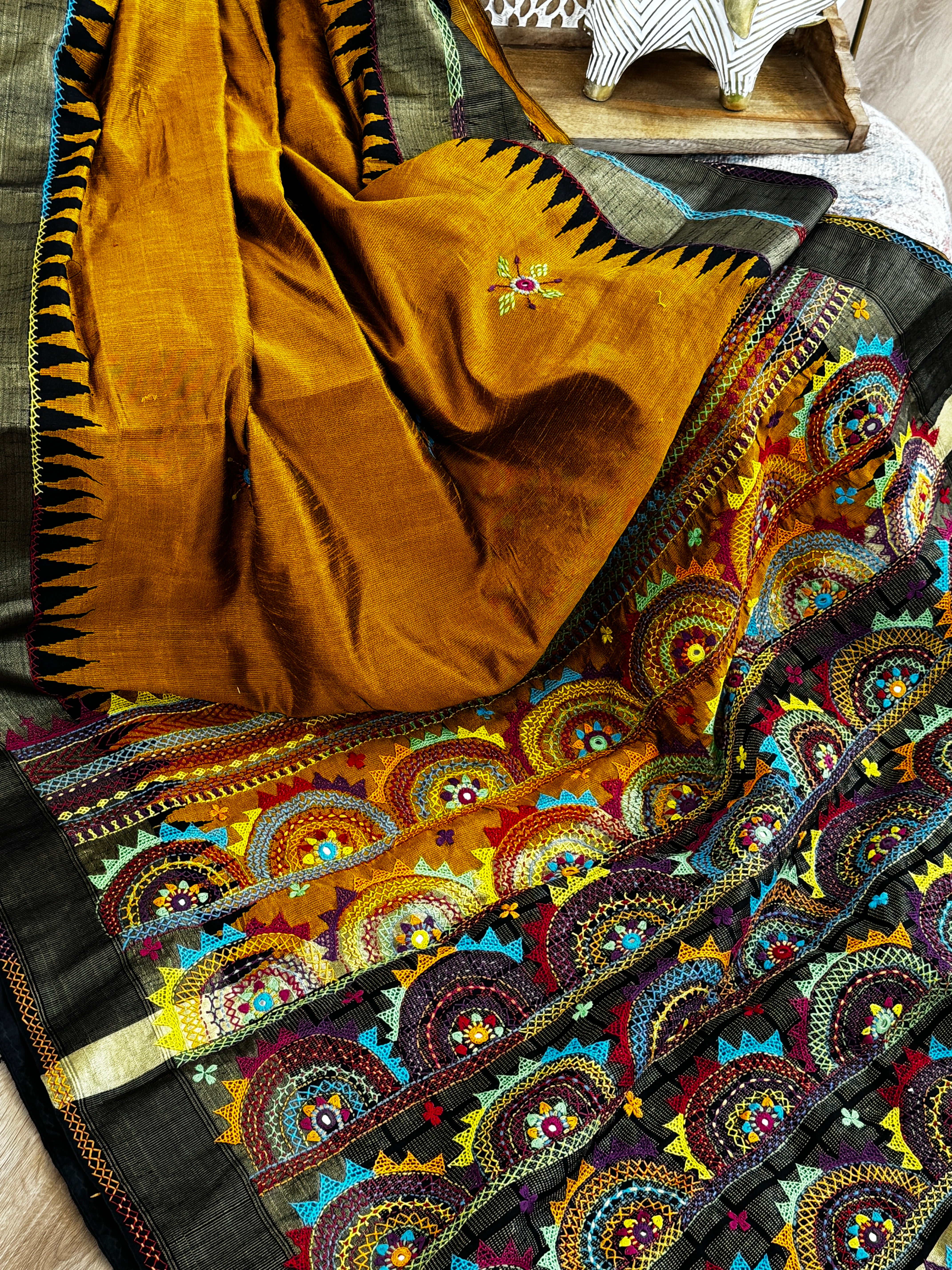 Lambani Embroidery on raw silk saree - mustard