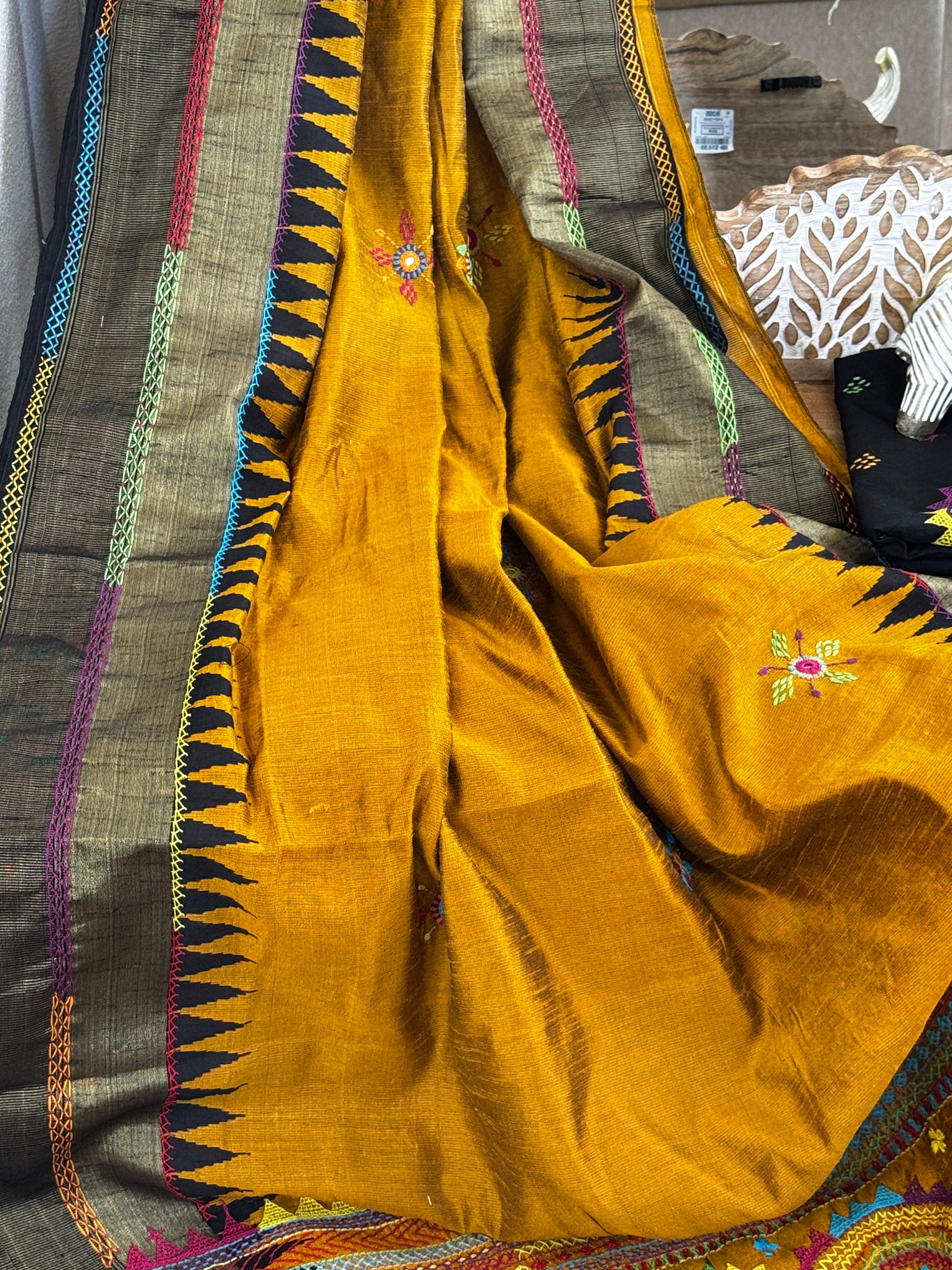 Lambani Embroidery on raw silk saree - mustard