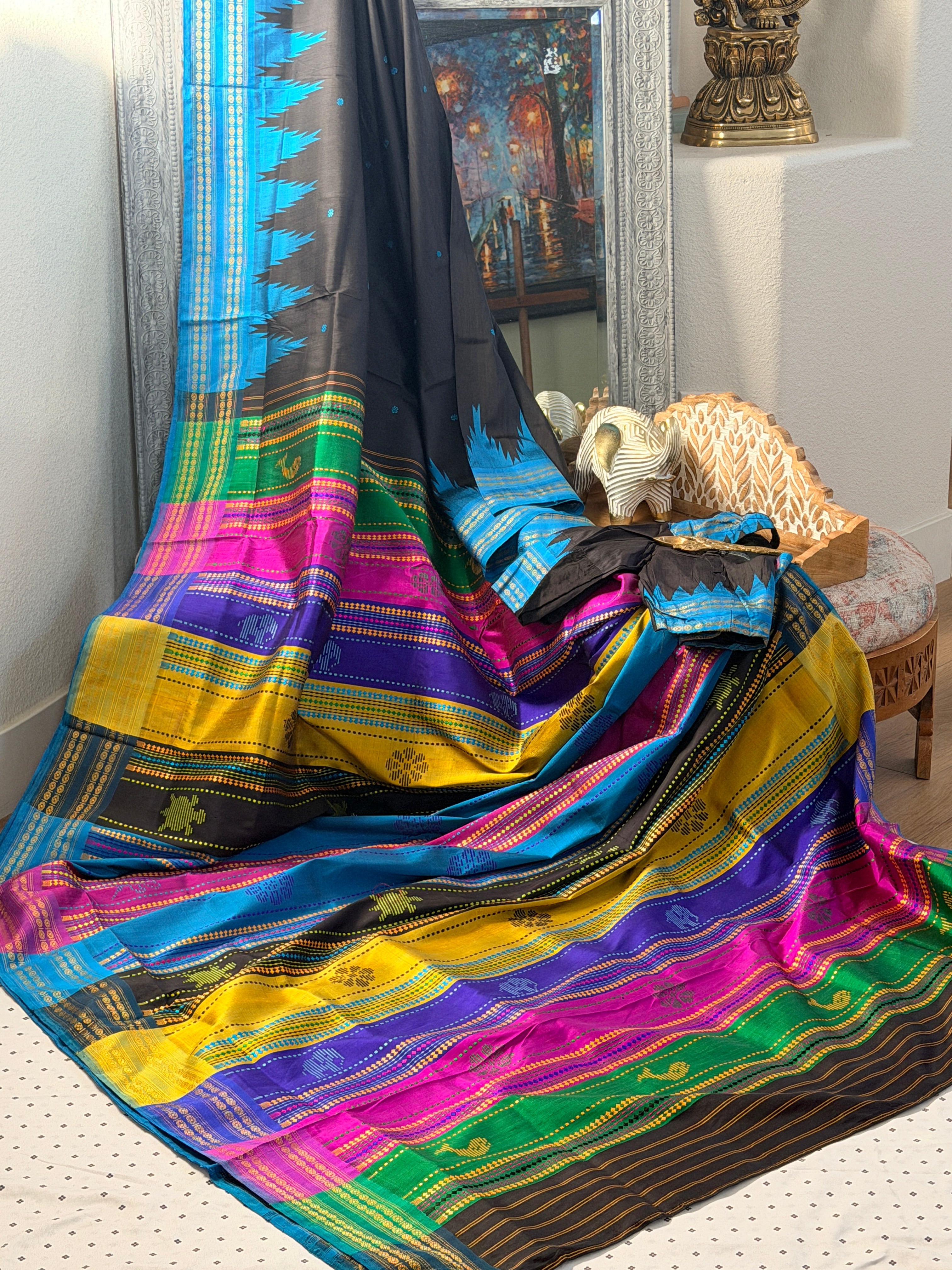 Berhampuri pure silk doubble palu Black blue