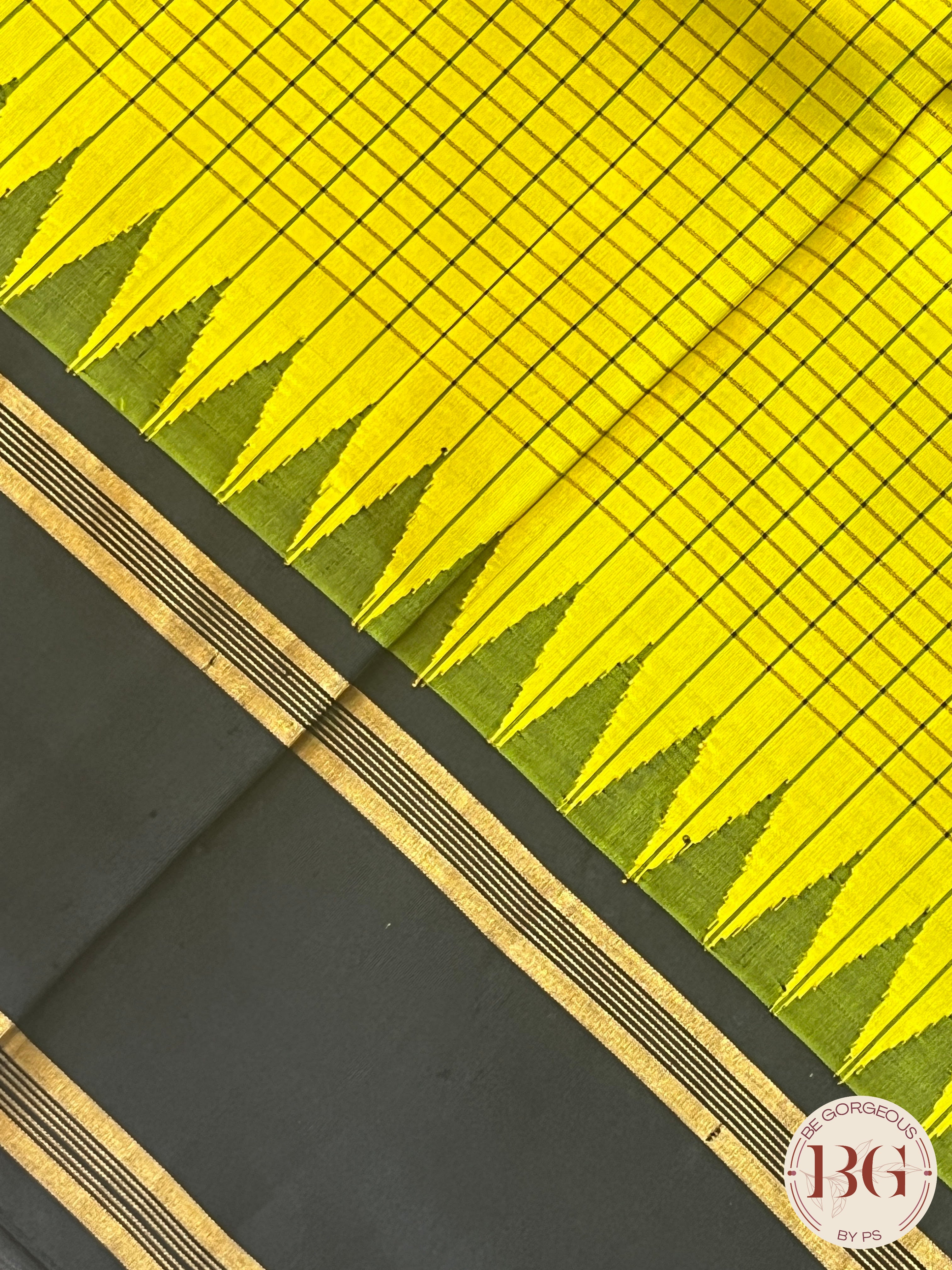 Pure Kanjeevaram Silk Handloom saree color - light green & black