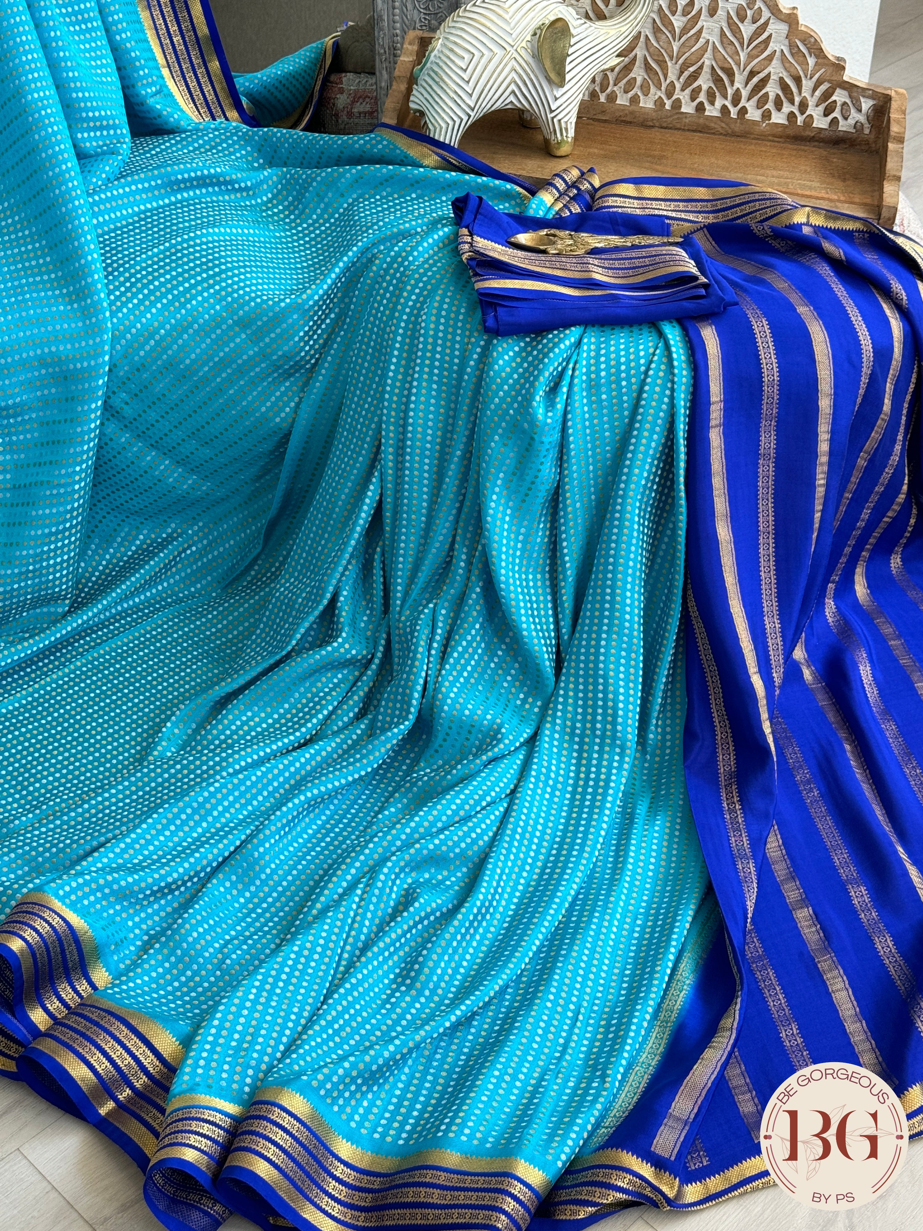 Mysore Pure Silk Handloom Saree - Light Blue Dark Blue