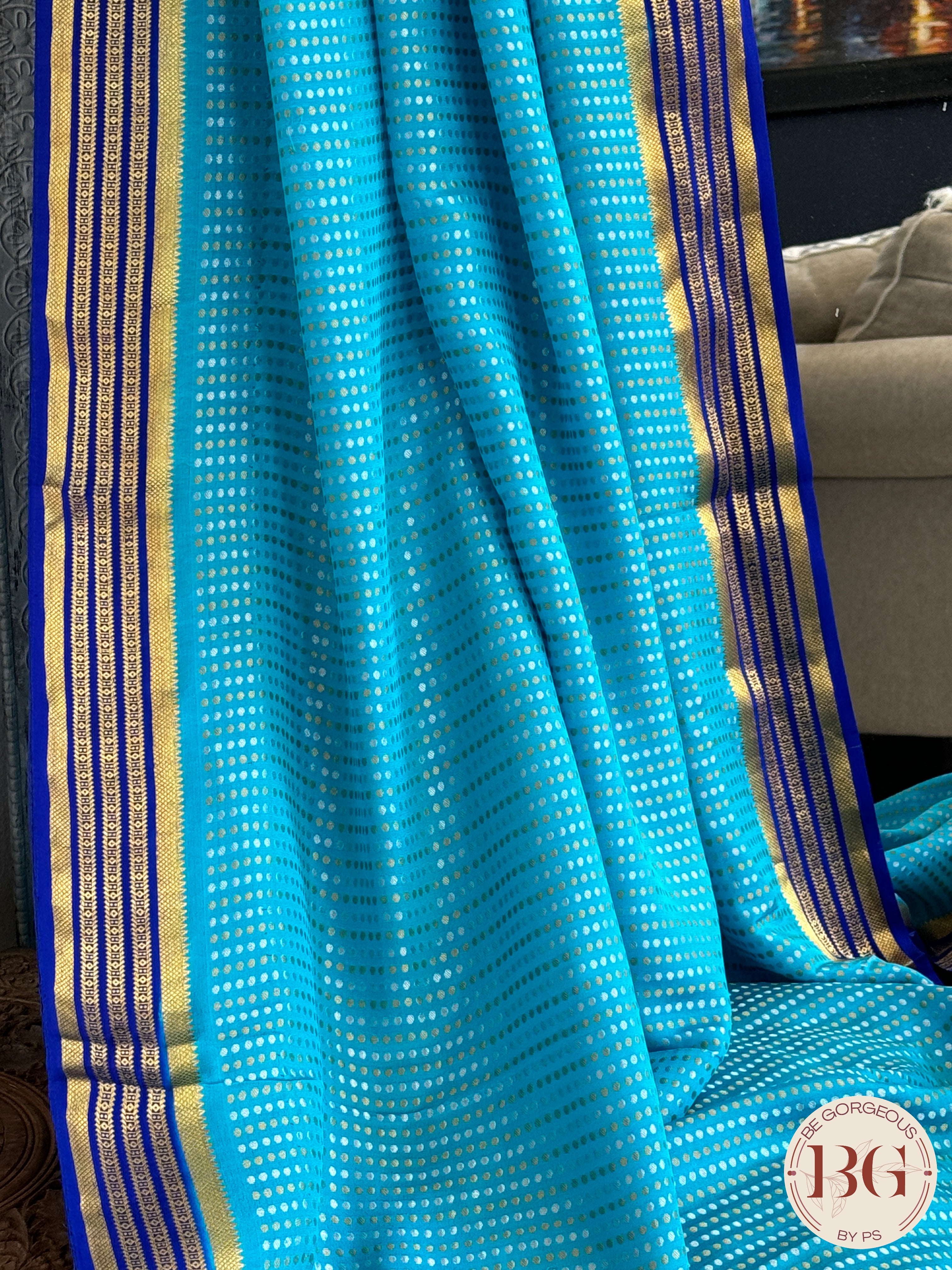Mysore Pure Silk Handloom Saree - Light Blue Dark Blue