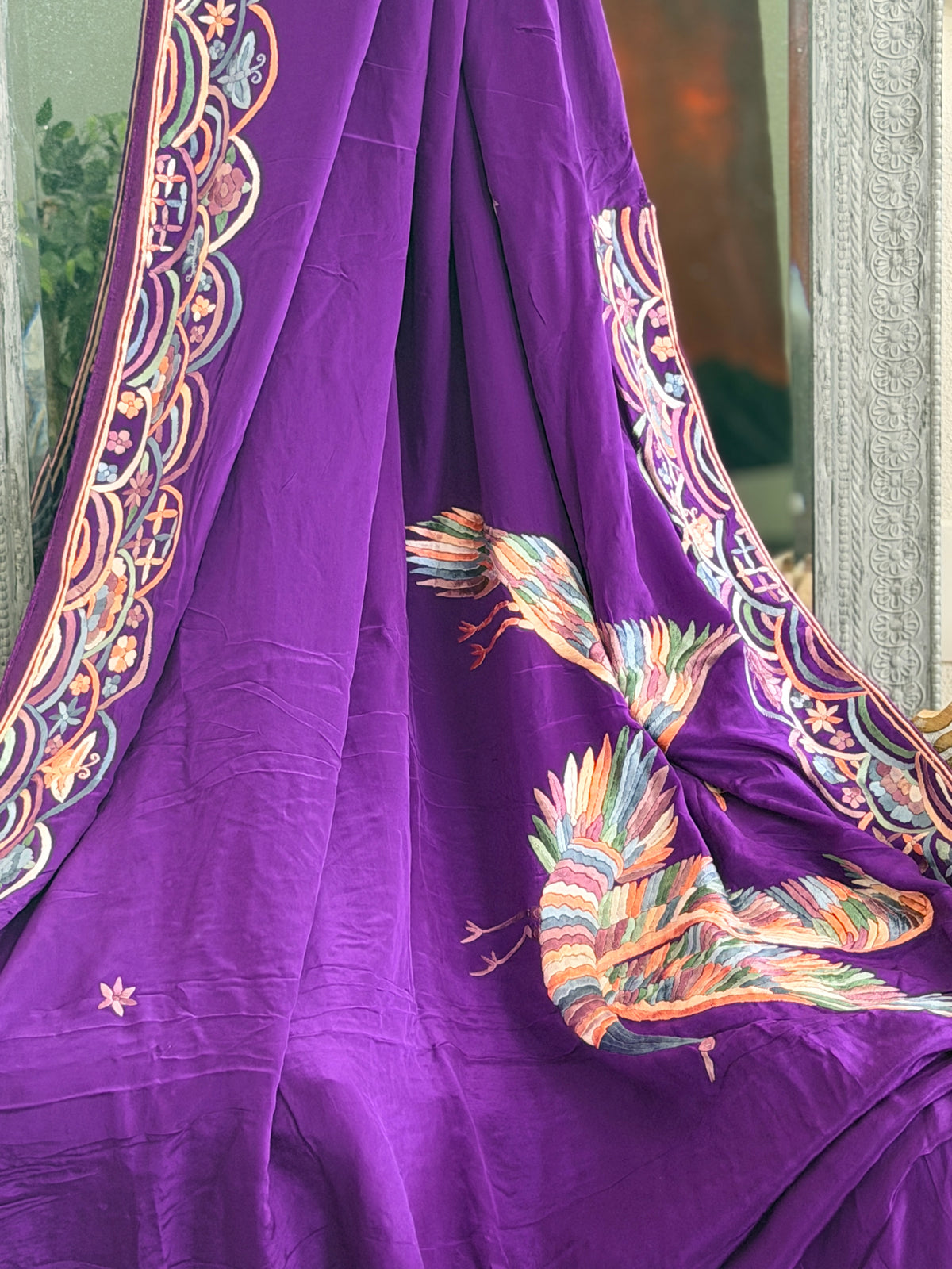 Parsi Gara hand embroidered crepe silk saree