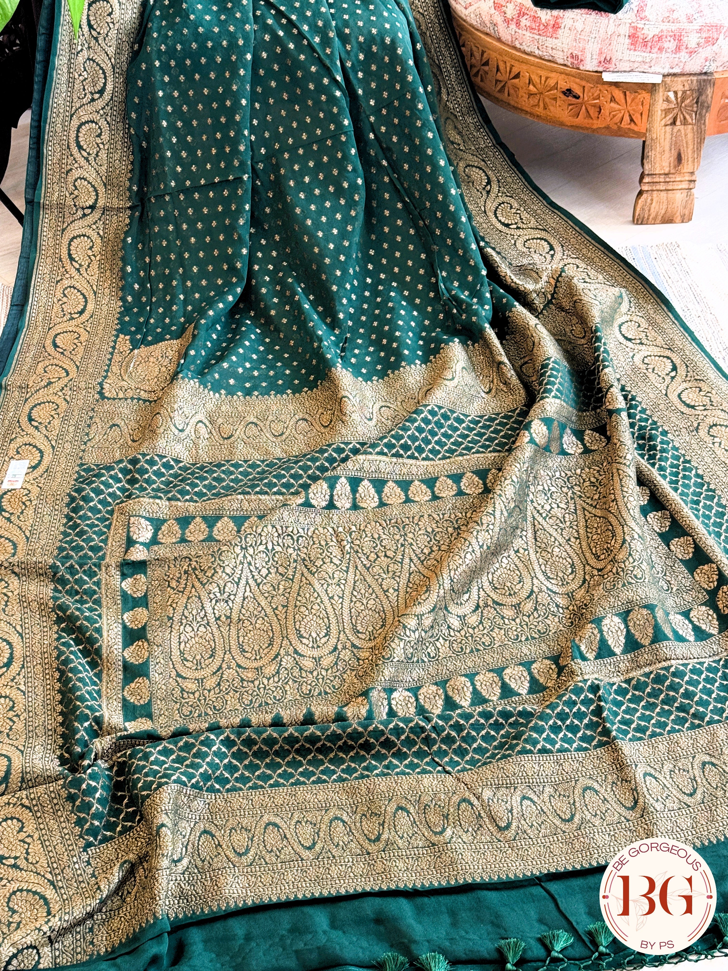Banarasi Handwoven Khaddi Georgette Saree with Golden & Antique Zari allover and silkmark certificate - Green