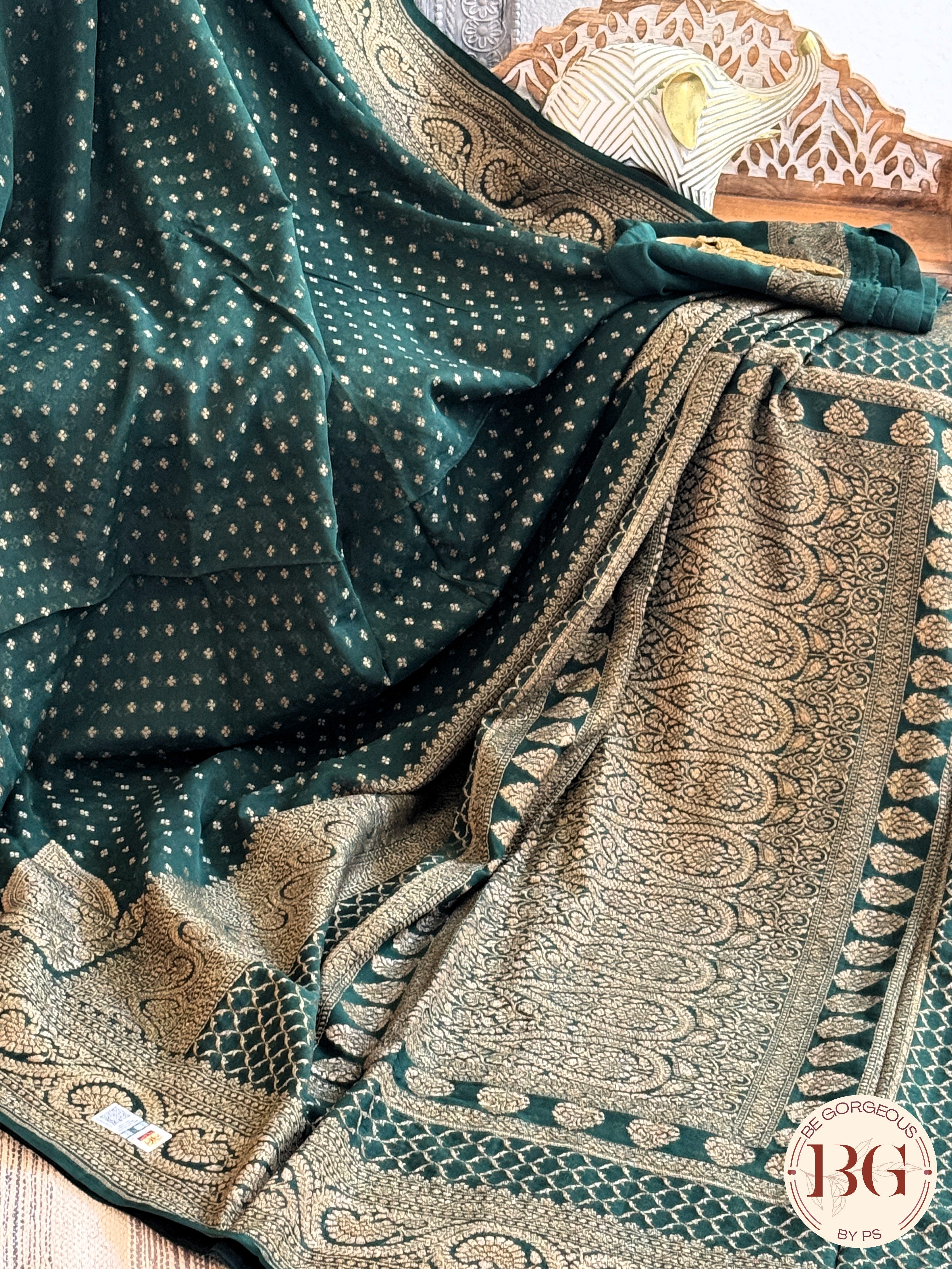 Banarasi Handwoven Khaddi Georgette Saree with Golden & Antique Zari allover and silkmark certificate - Green