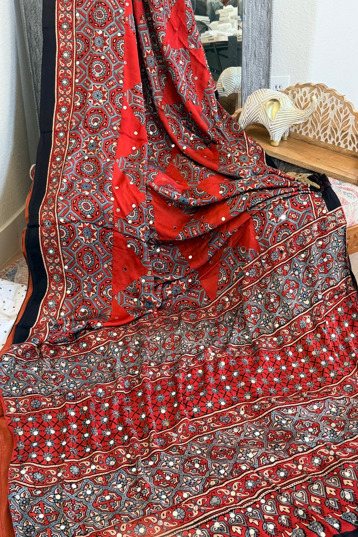 Ajrak Modal Silk Saree with mirror work