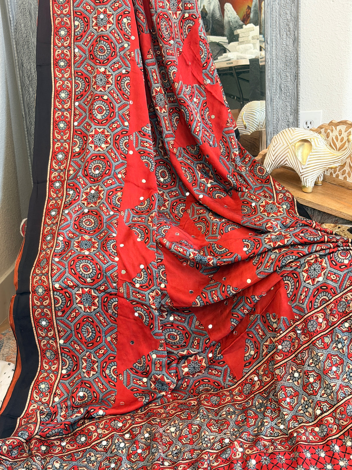 Ajrak Modal Silk Saree with mirror work
