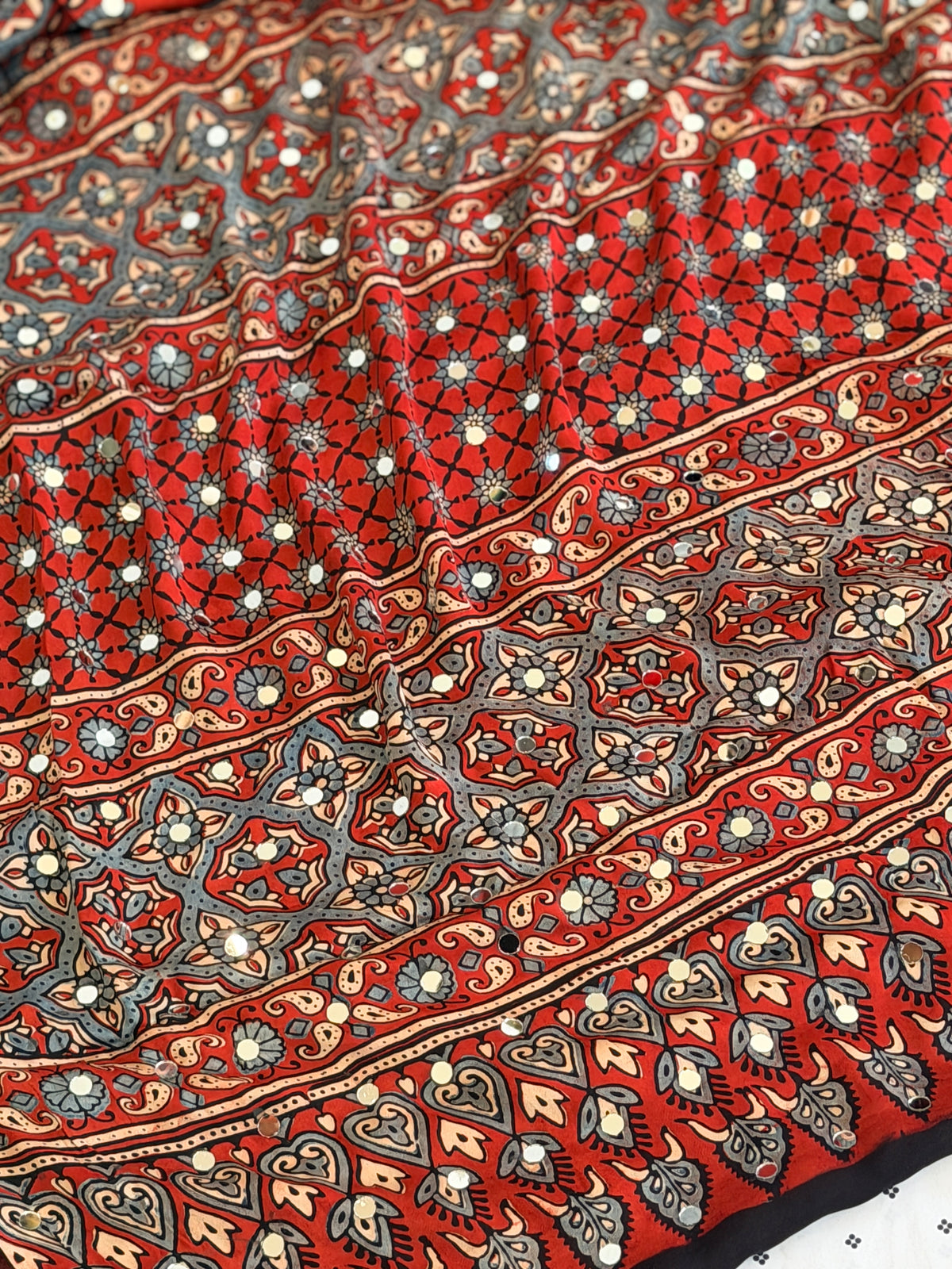 Ajrak Modal Silk Saree with mirror work