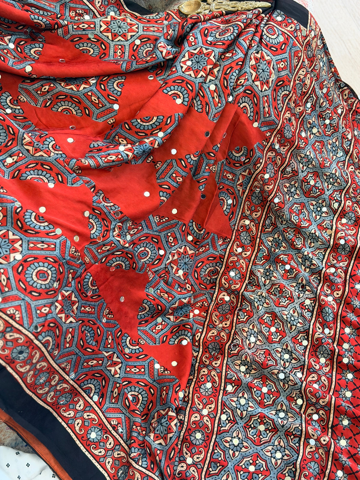 Ajrak Modal Silk Saree with mirror work