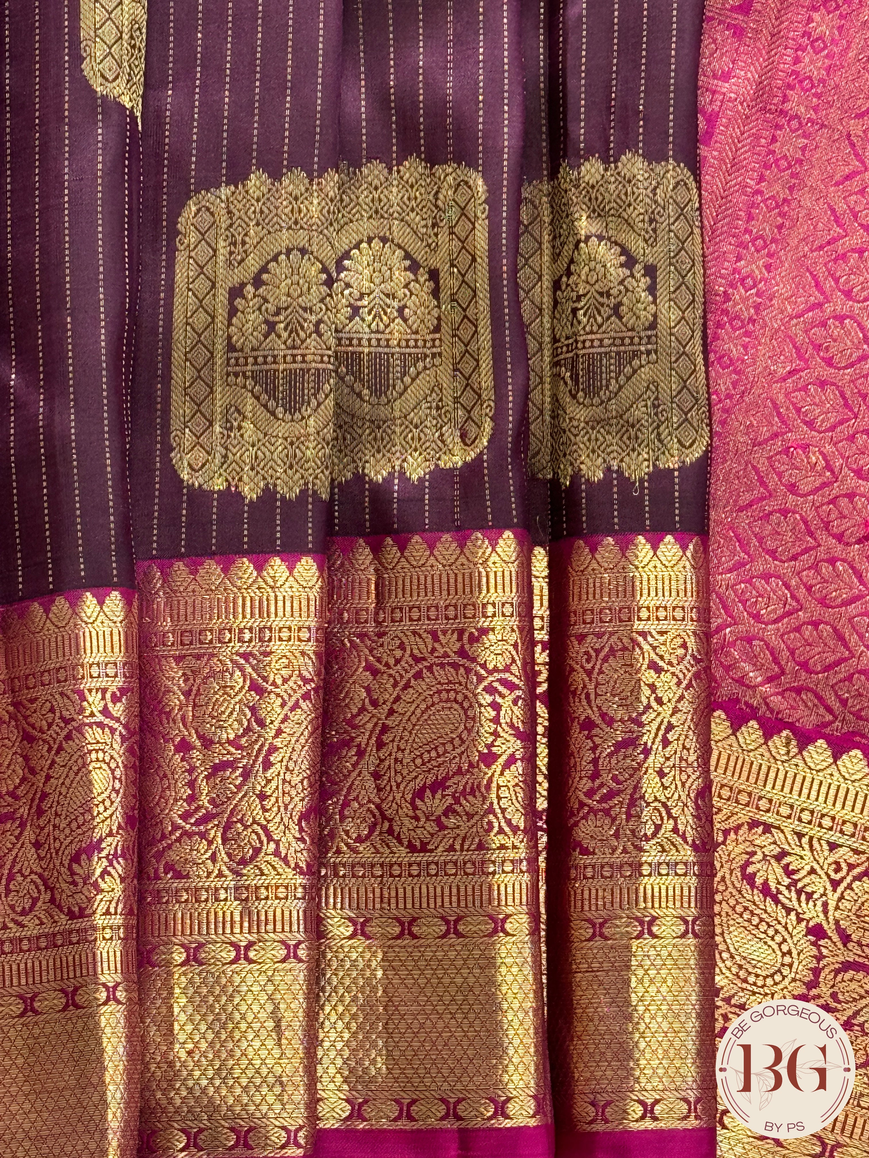 Kanjeevaram pure silk handloom saree with stripes pattern & Aanpakshi motifs - coffee brown