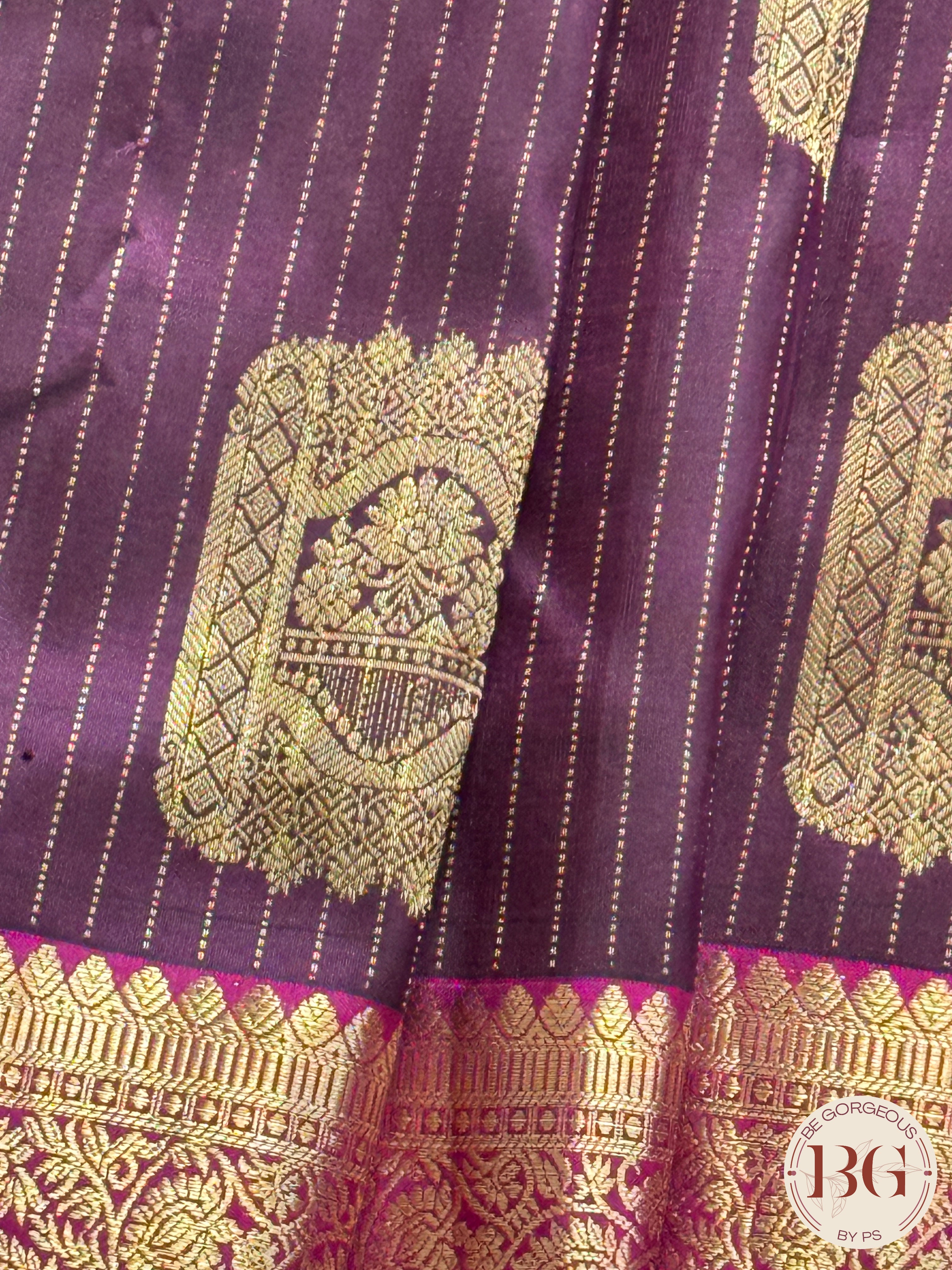 Kanjeevaram pure silk handloom saree with stripes pattern & Aanpakshi motifs - coffee brown