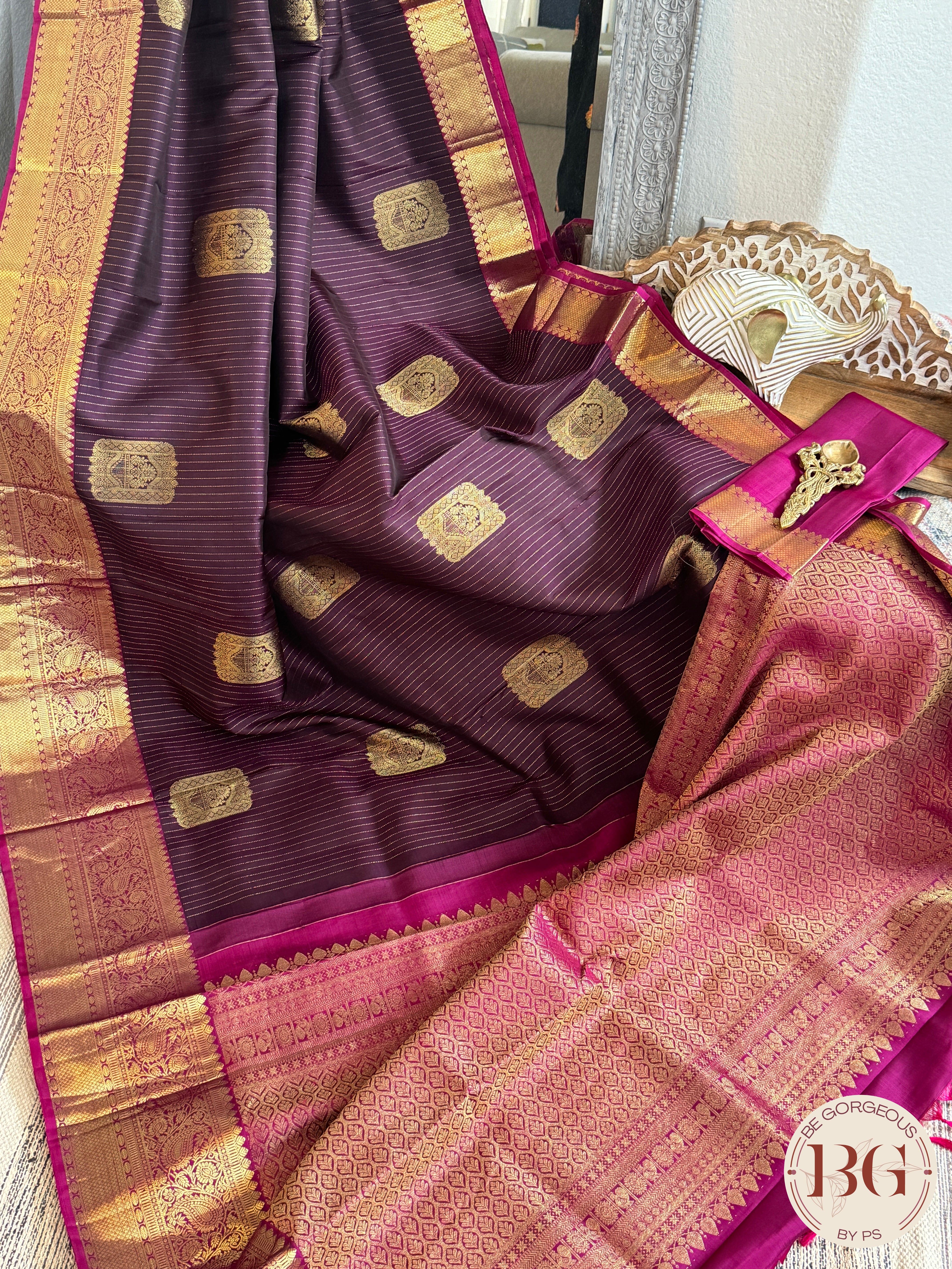Kanjeevaram pure silk handloom saree with stripes pattern & Aanpakshi motifs - coffee brown