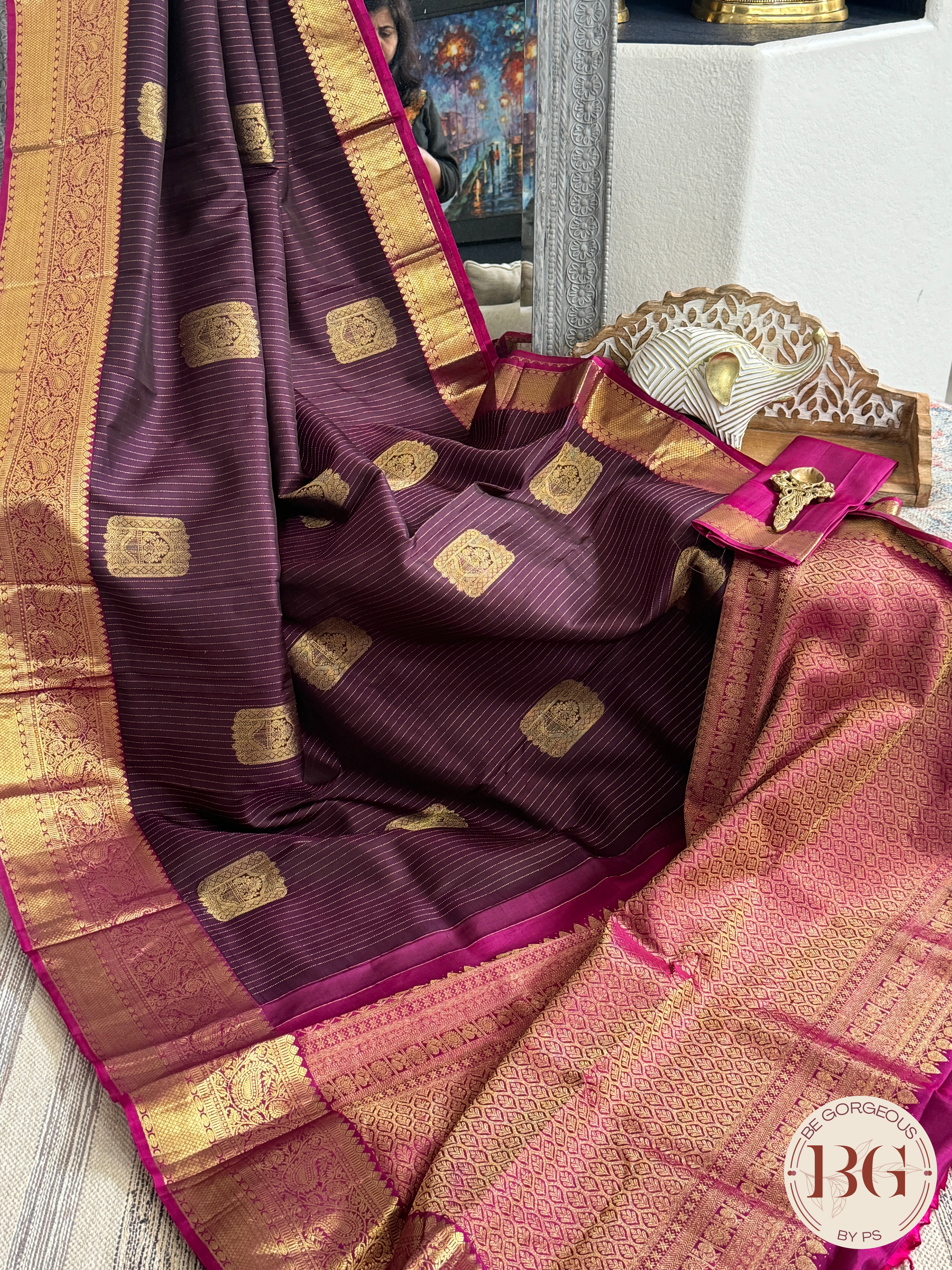 Kanjeevaram pure silk handloom saree with stripes pattern & Aanpakshi motifs - coffee brown