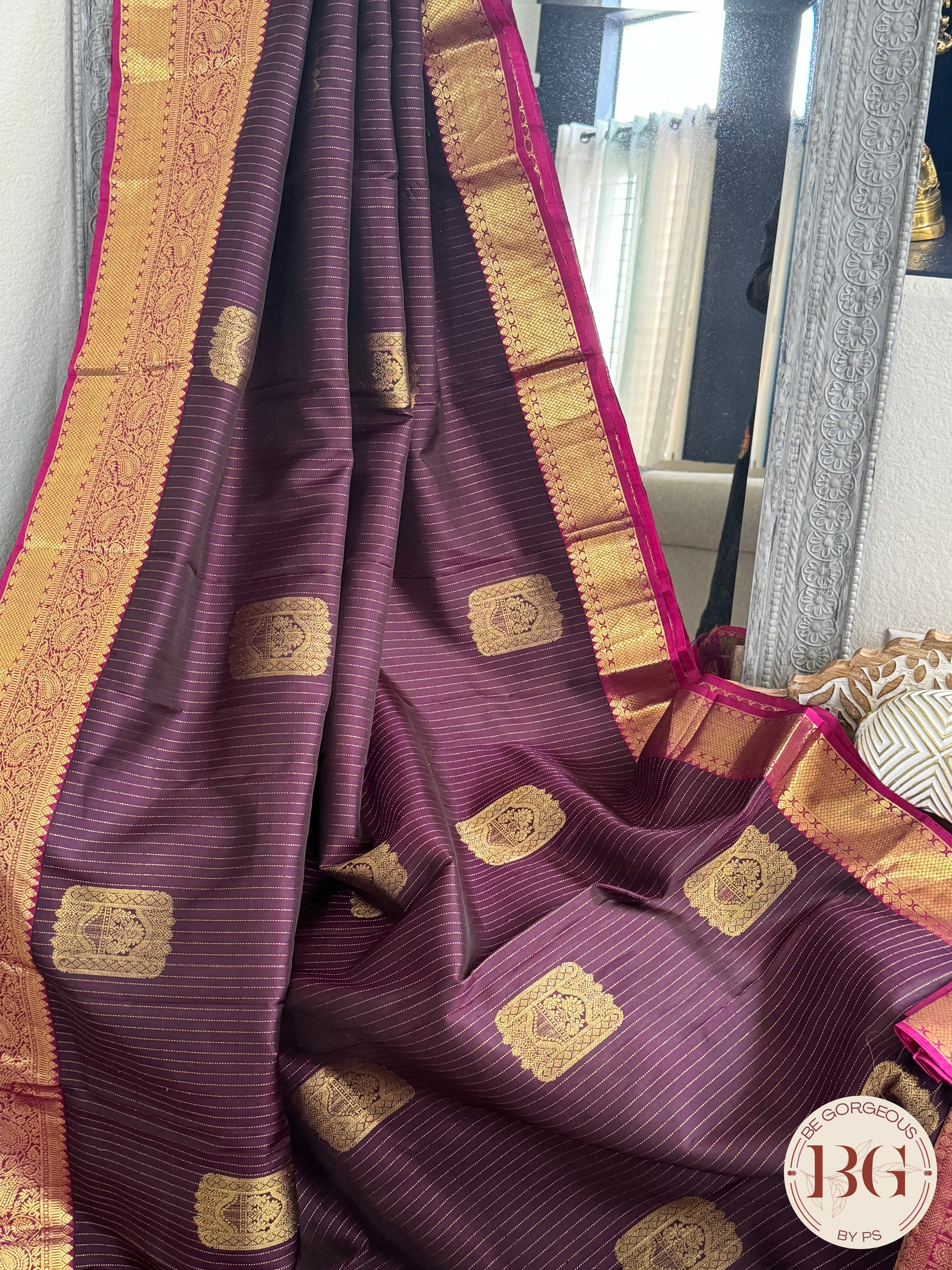 Kanjeevaram pure silk handloom saree with stripes pattern & Aanpakshi motifs - coffee brown