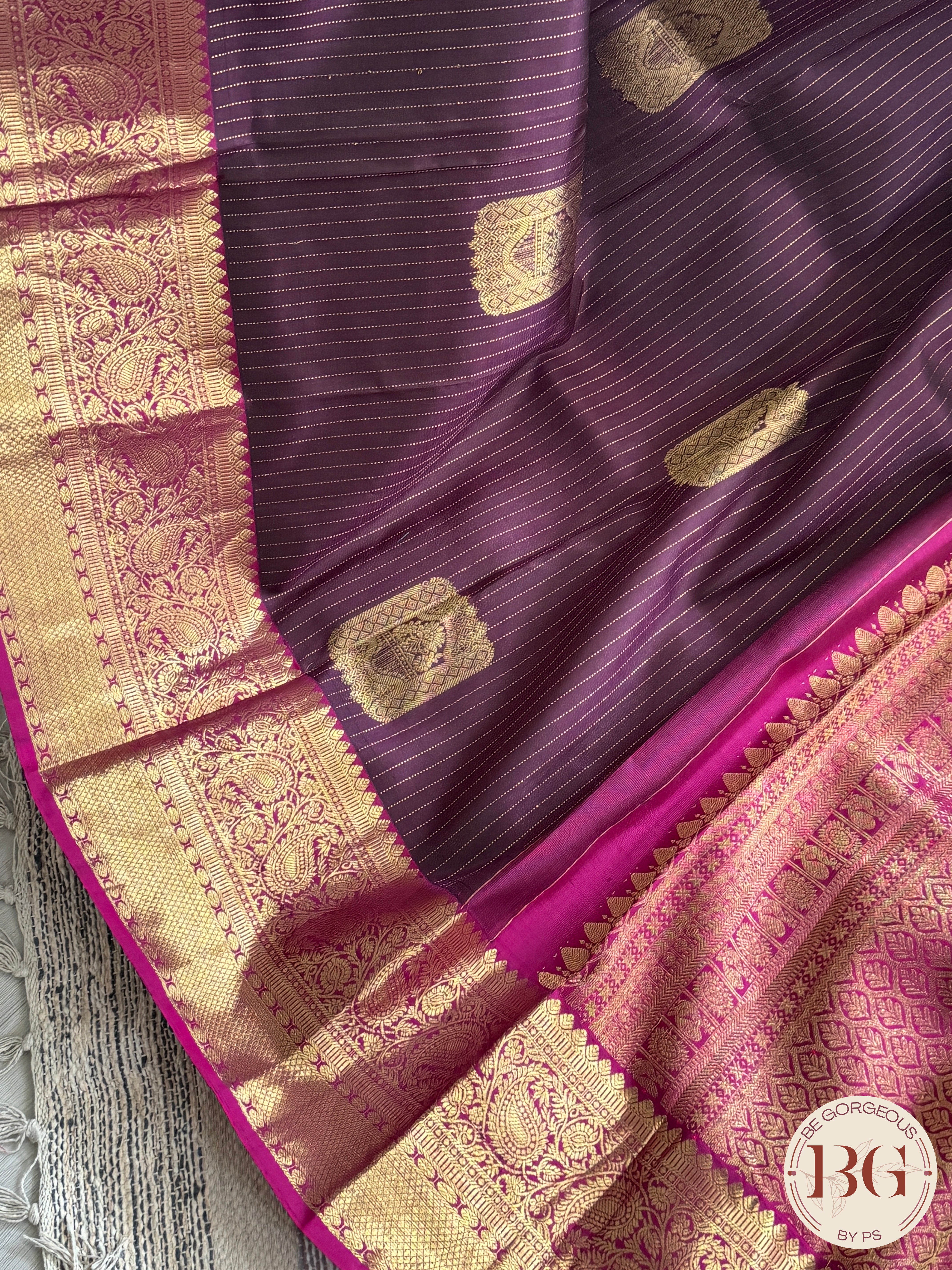 Kanjeevaram pure silk handloom saree with stripes pattern & Aanpakshi motifs - coffee brown