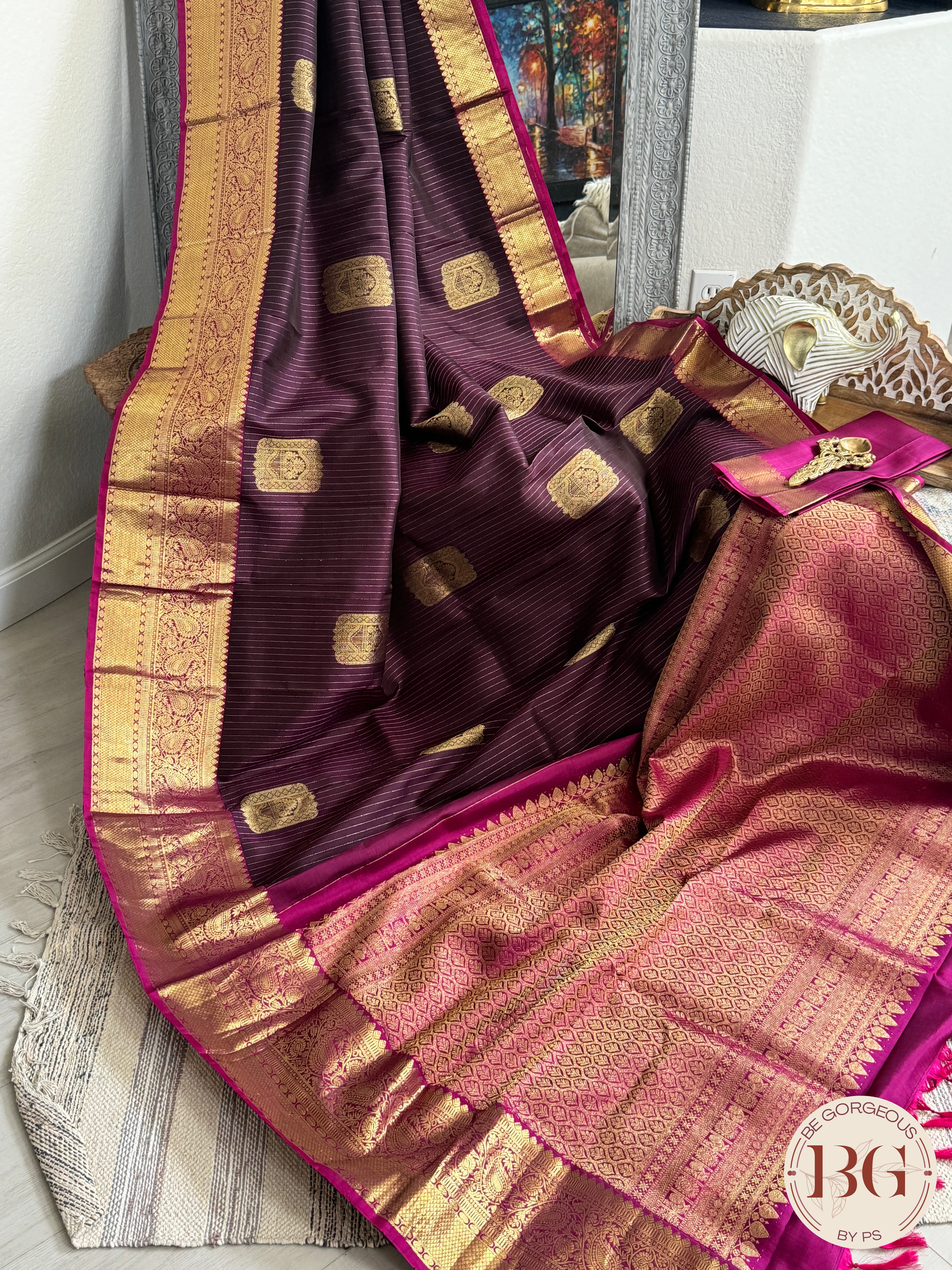 Kanjeevaram pure silk handloom saree with stripes pattern & Aanpakshi motifs - coffee brown