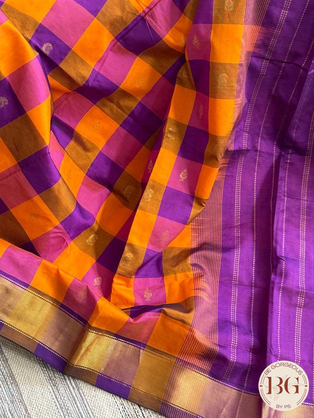 Kanjeevaram silk cotton handloom saree in checker pattern - Purple