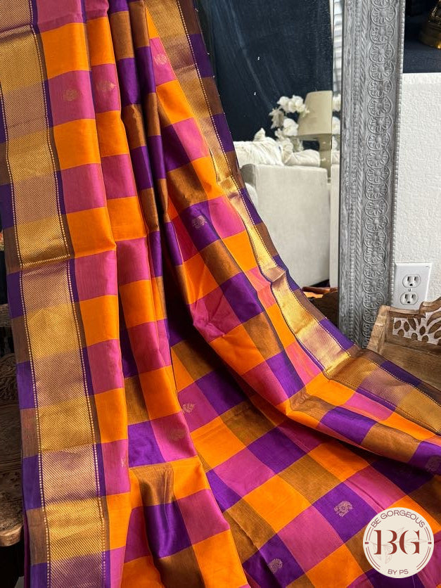 Kanjeevaram silk cotton handloom saree in checker pattern - Purple