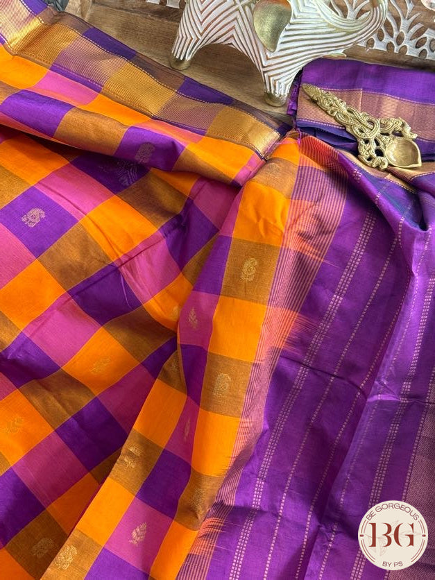 Kanjeevaram silk cotton handloom saree in checker pattern - Purple
