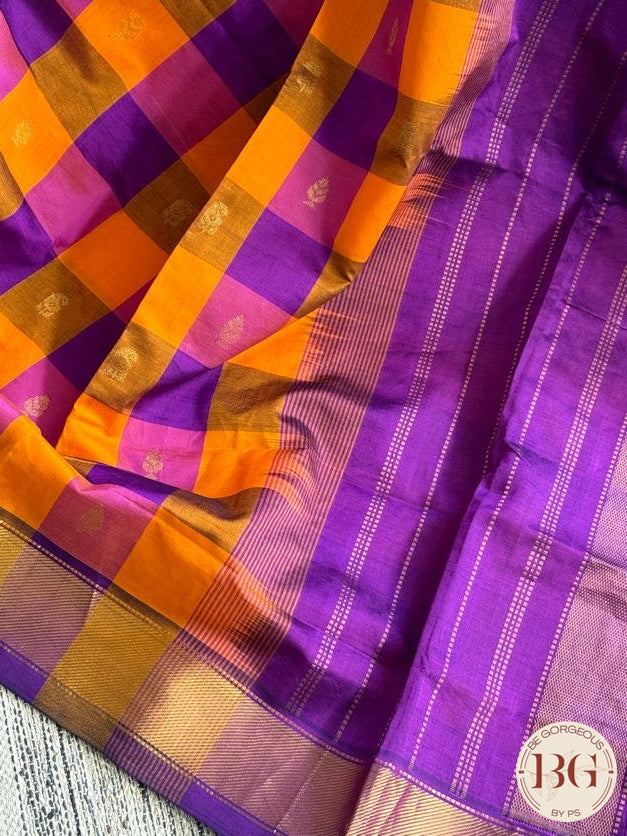 Kanjeevaram silk cotton handloom saree in checker pattern - Purple