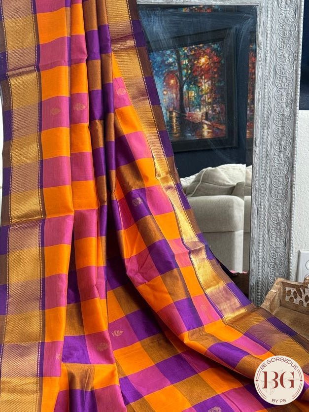 Kanjeevaram silk cotton handloom saree in checker pattern - Purple
