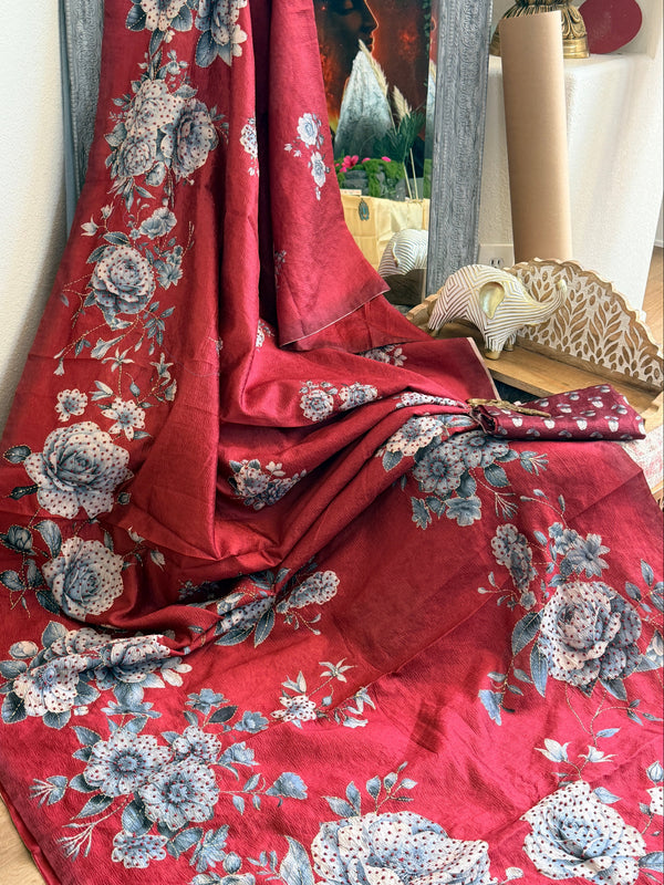 Semi Tussar Printed saree with French Knot work