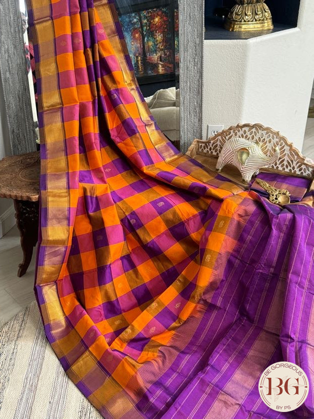 Kanjeevaram silk cotton handloom saree in checker pattern - Purple