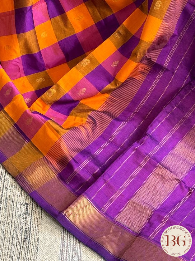 Kanjeevaram silk cotton handloom saree in checker pattern - Purple