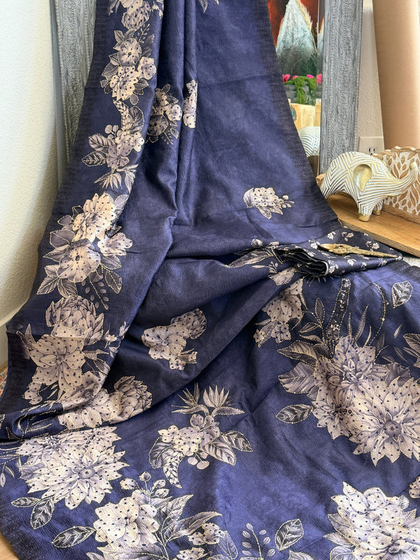 Semi Tussar Printed saree with French Knot work