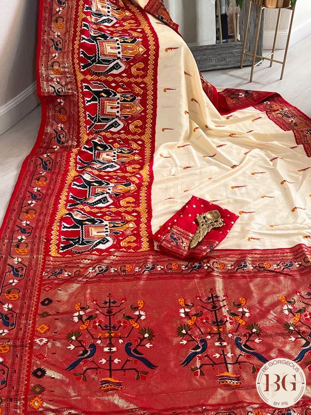 Soft silk saree with patola borders and paithani pallu saree color - off white