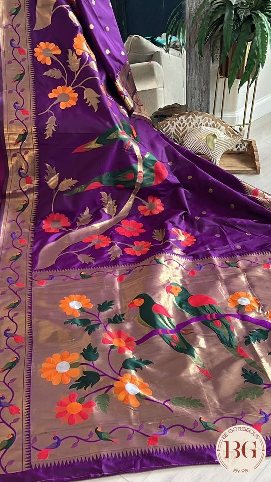 Soft silk paithani inspired saree with dali parrot saree color - purple