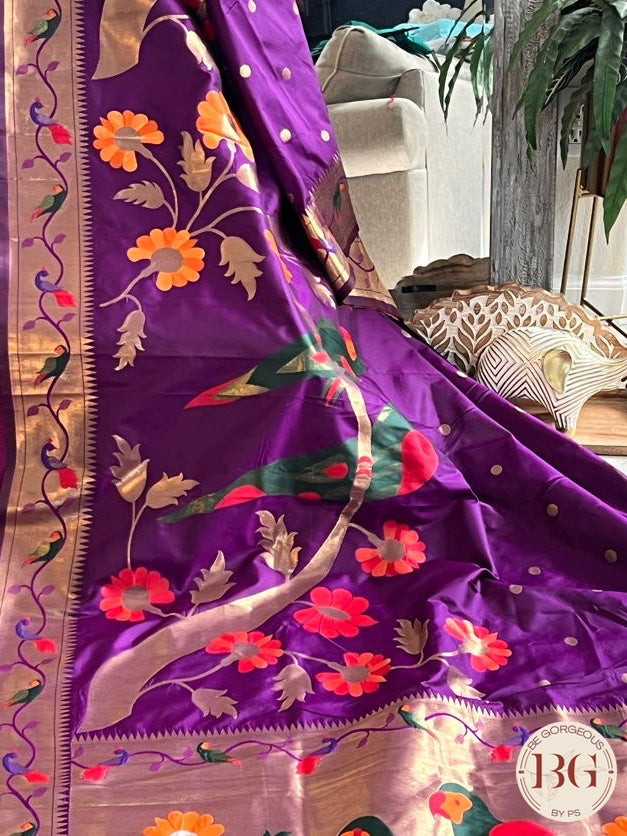 Soft silk paithani inspired saree with dali parrot saree color - purple