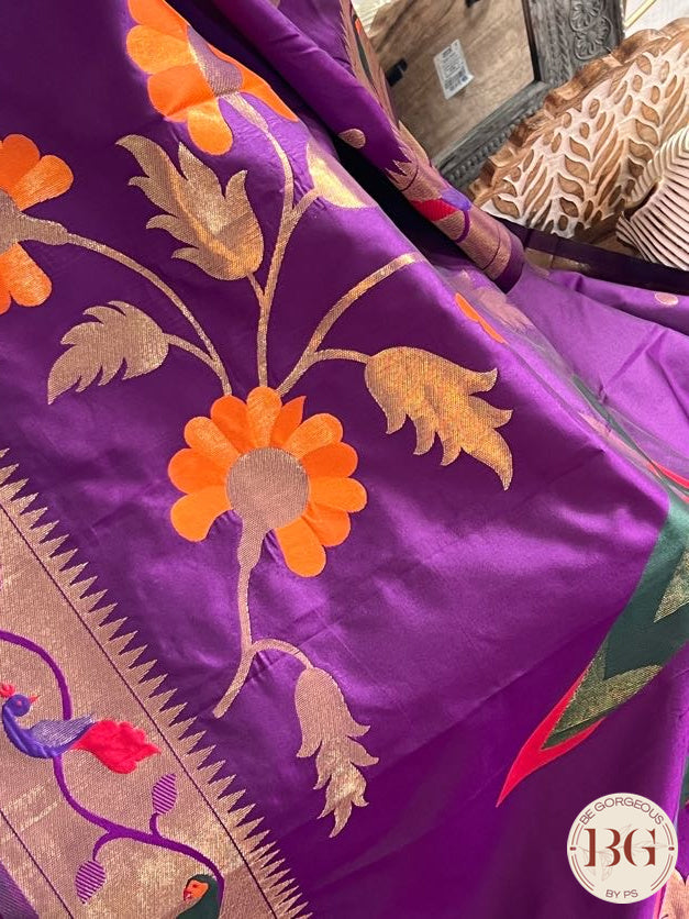 Soft silk paithani inspired saree with dali parrot saree color - purple