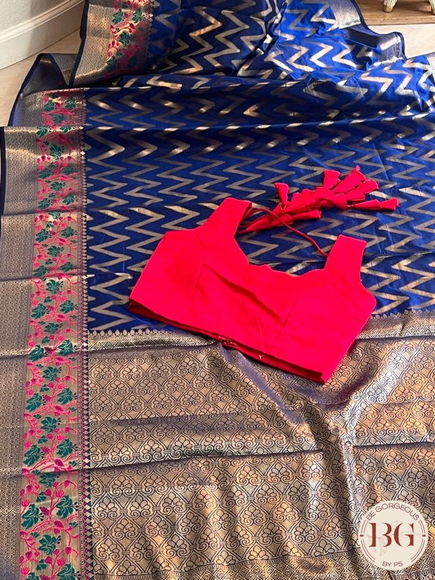 Soft silk zigzag pattern woven saree saree color - blue