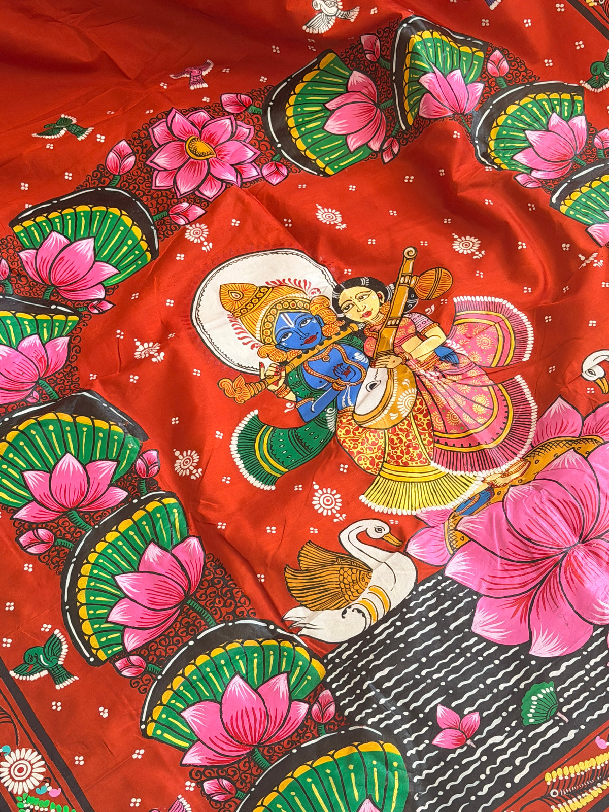 Radha krishna lotus leaf design on pure silk with stiched blouse