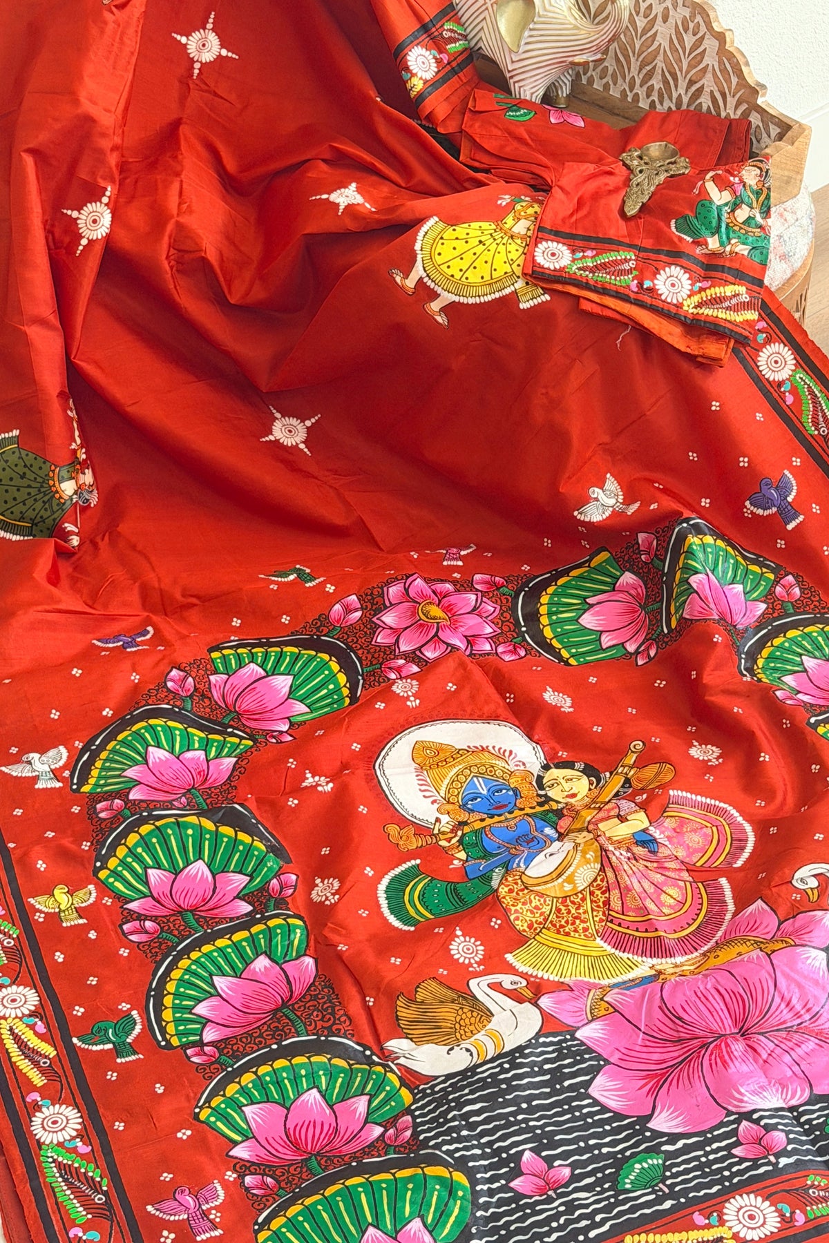 Radha krishna lotus leaf design on pure silk with stiched blouse