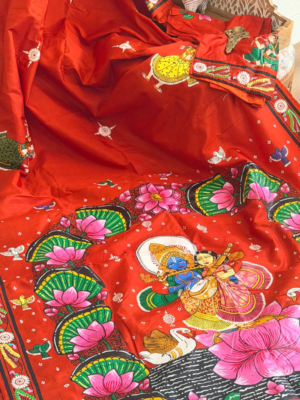 Radha krishna lotus leaf design on pure silk with stiched blouse