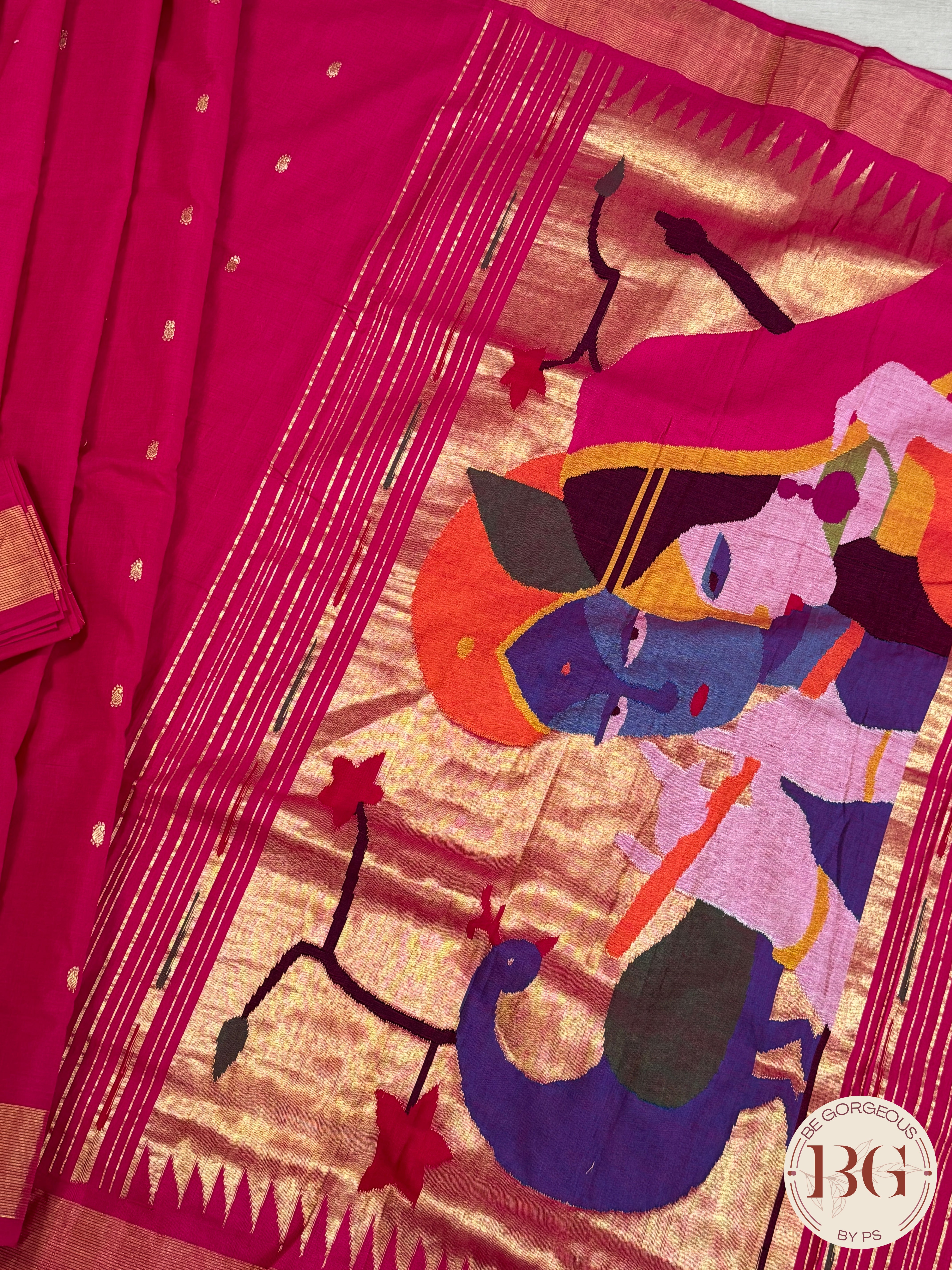 Paithani handloom cotton saree Pink Radha Krishna Peacock