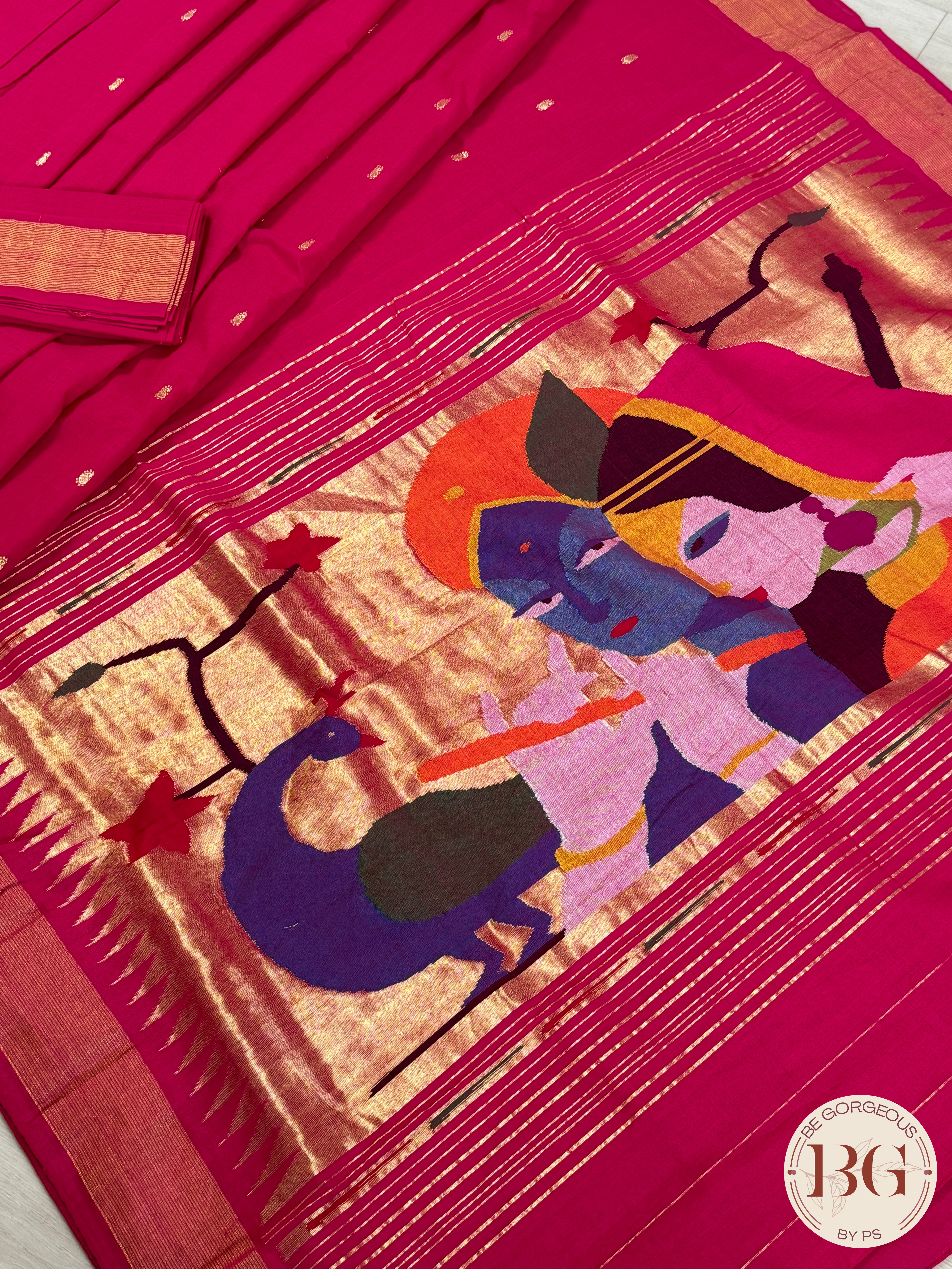 Paithani handloom cotton saree Pink Radha Krishna Peacock