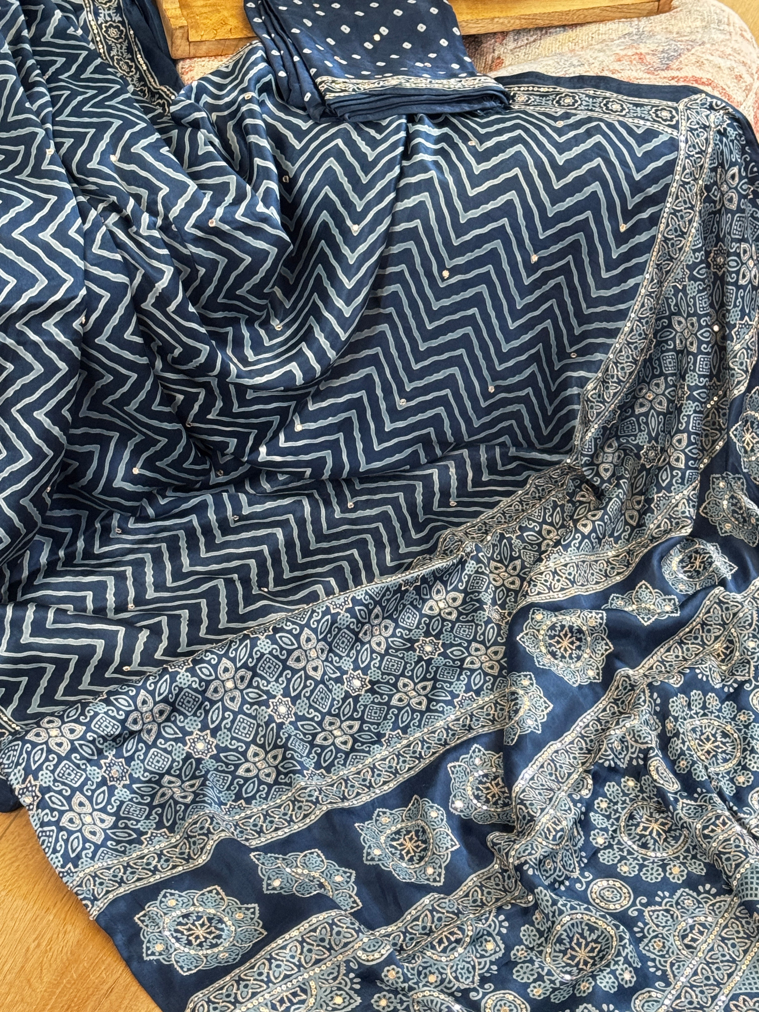 Satin Ajrakh with embroidery - blue