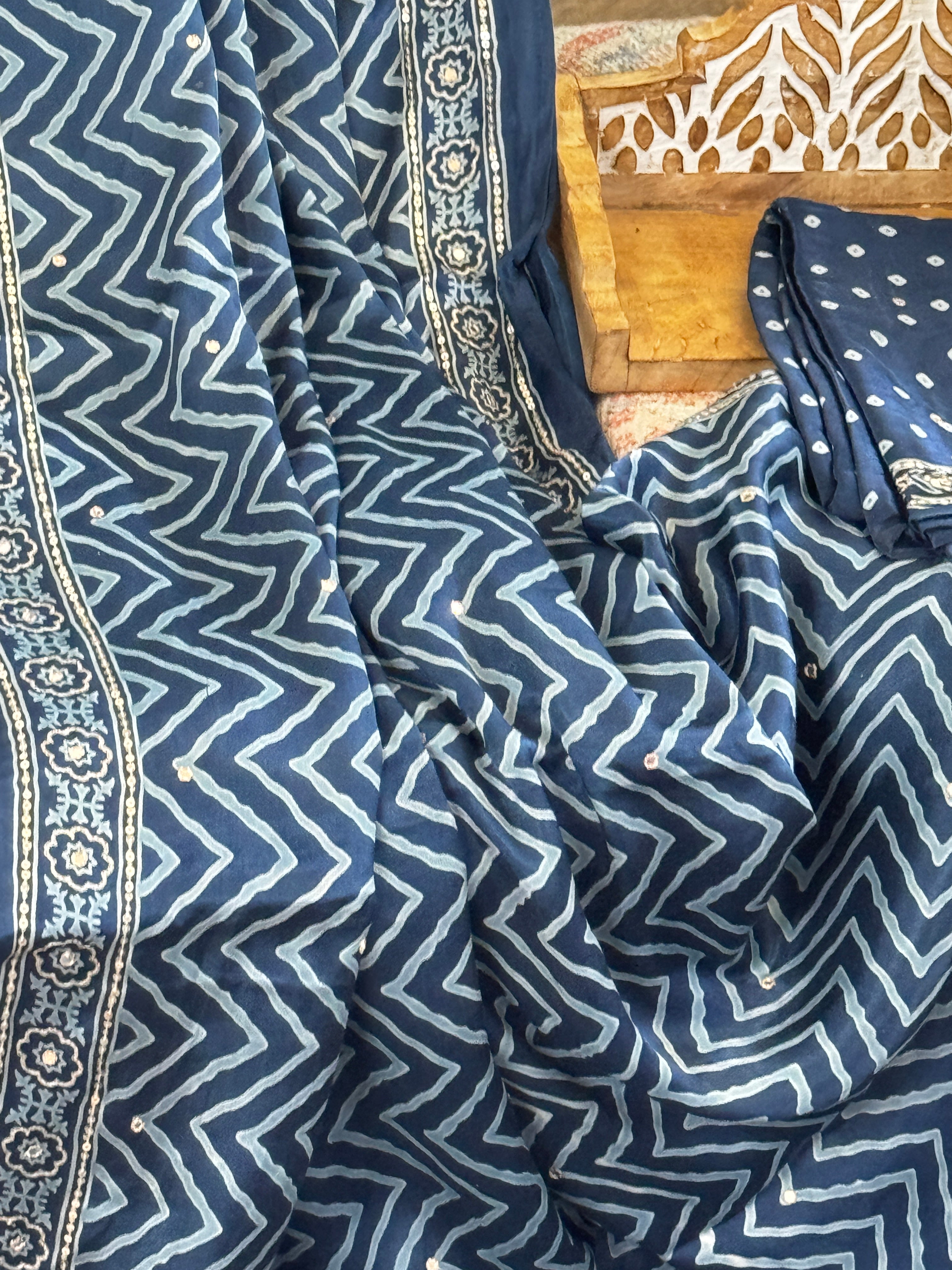 Satin Ajrakh with embroidery - blue