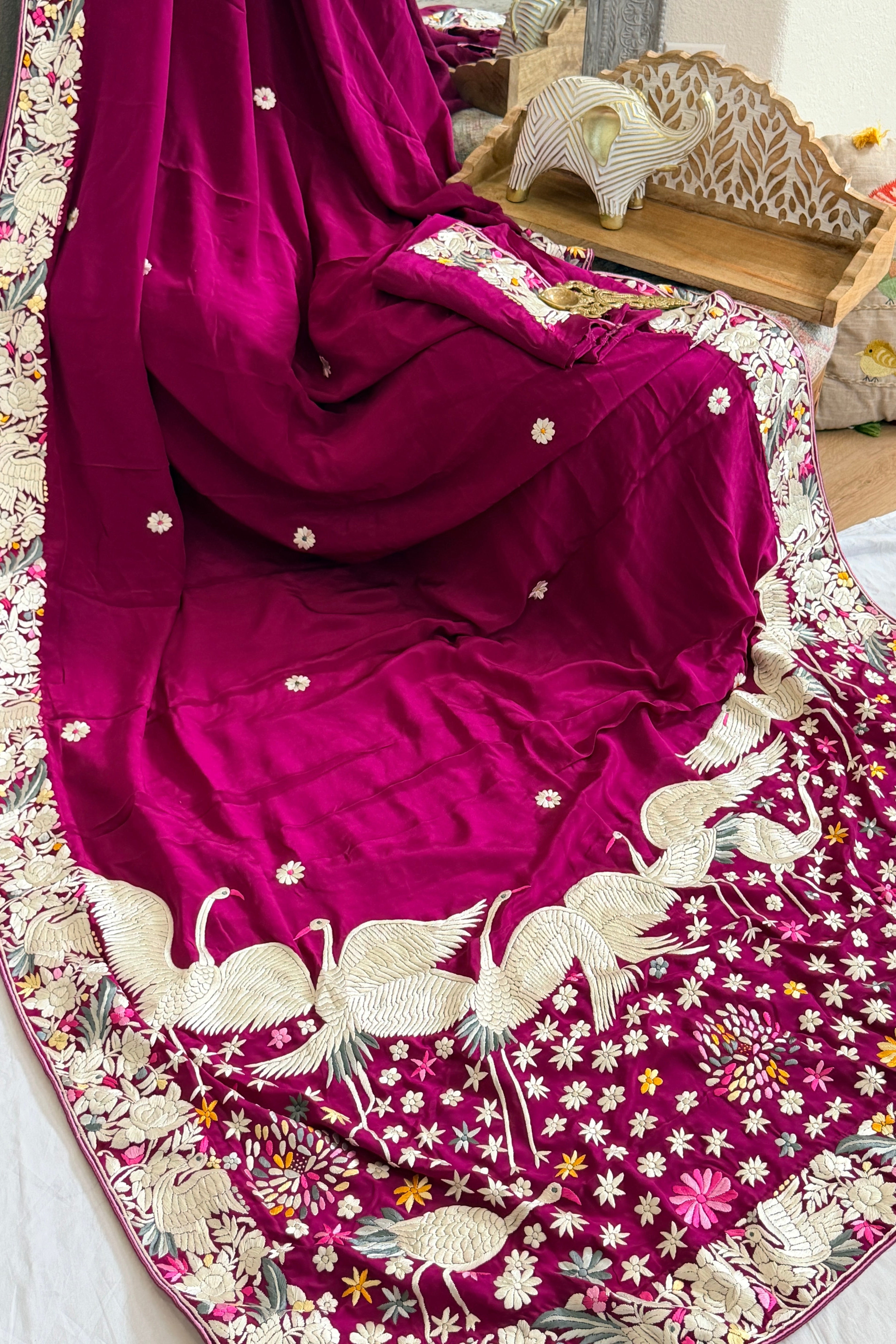 Parsi Gara hand embroidered crepe silk saree