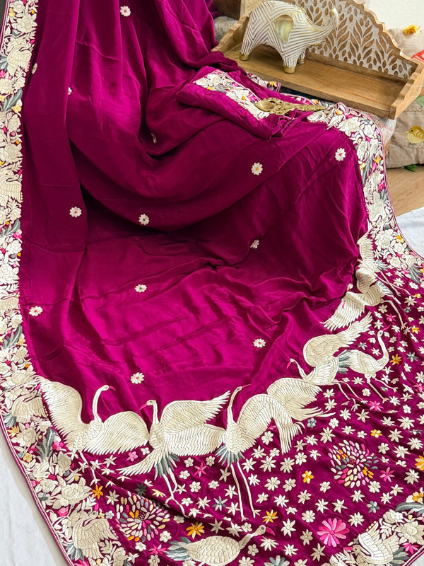 Parsi Gara hand embroidered crepe silk saree