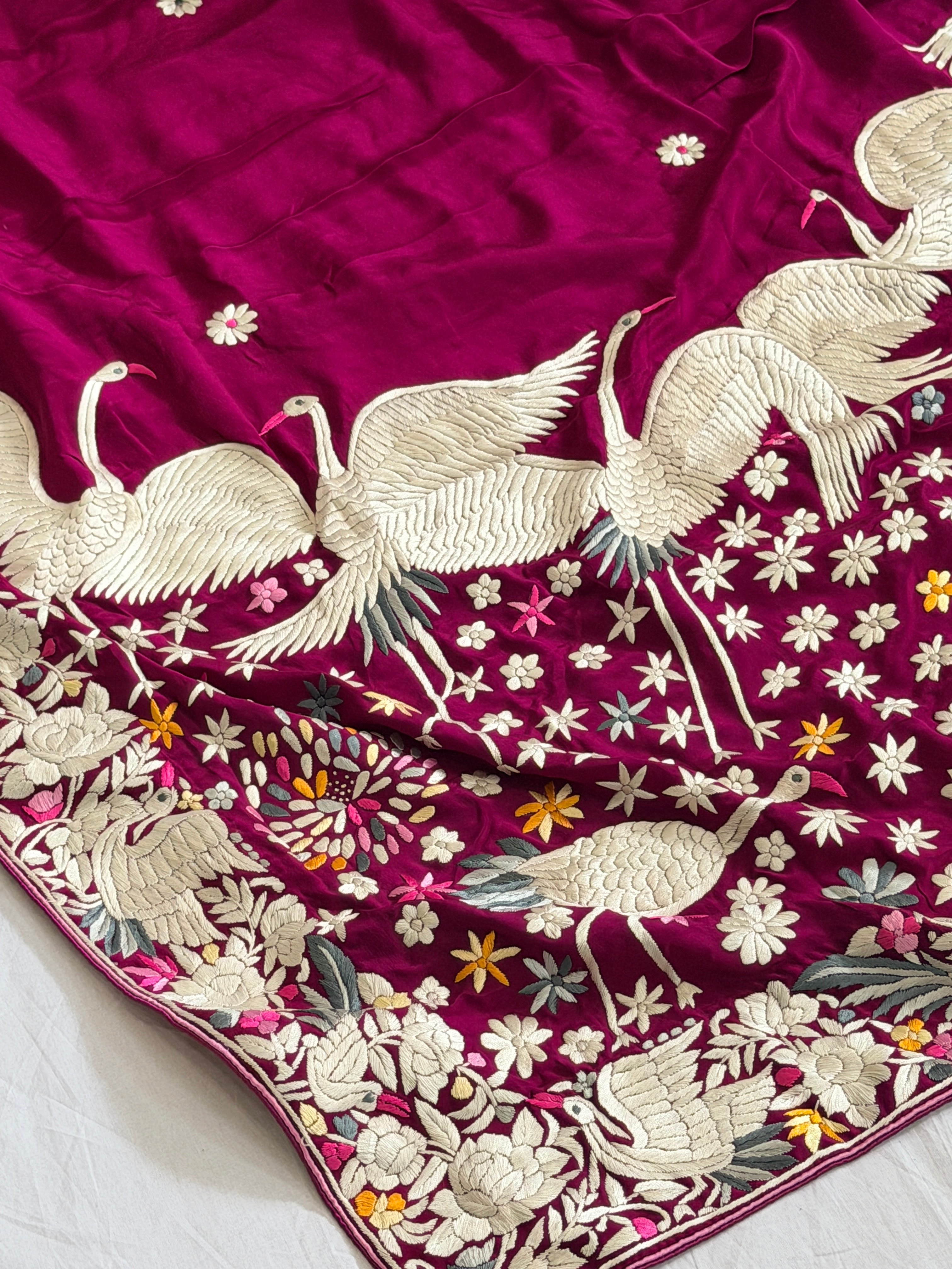 Parsi Gara hand embroidered crepe silk saree